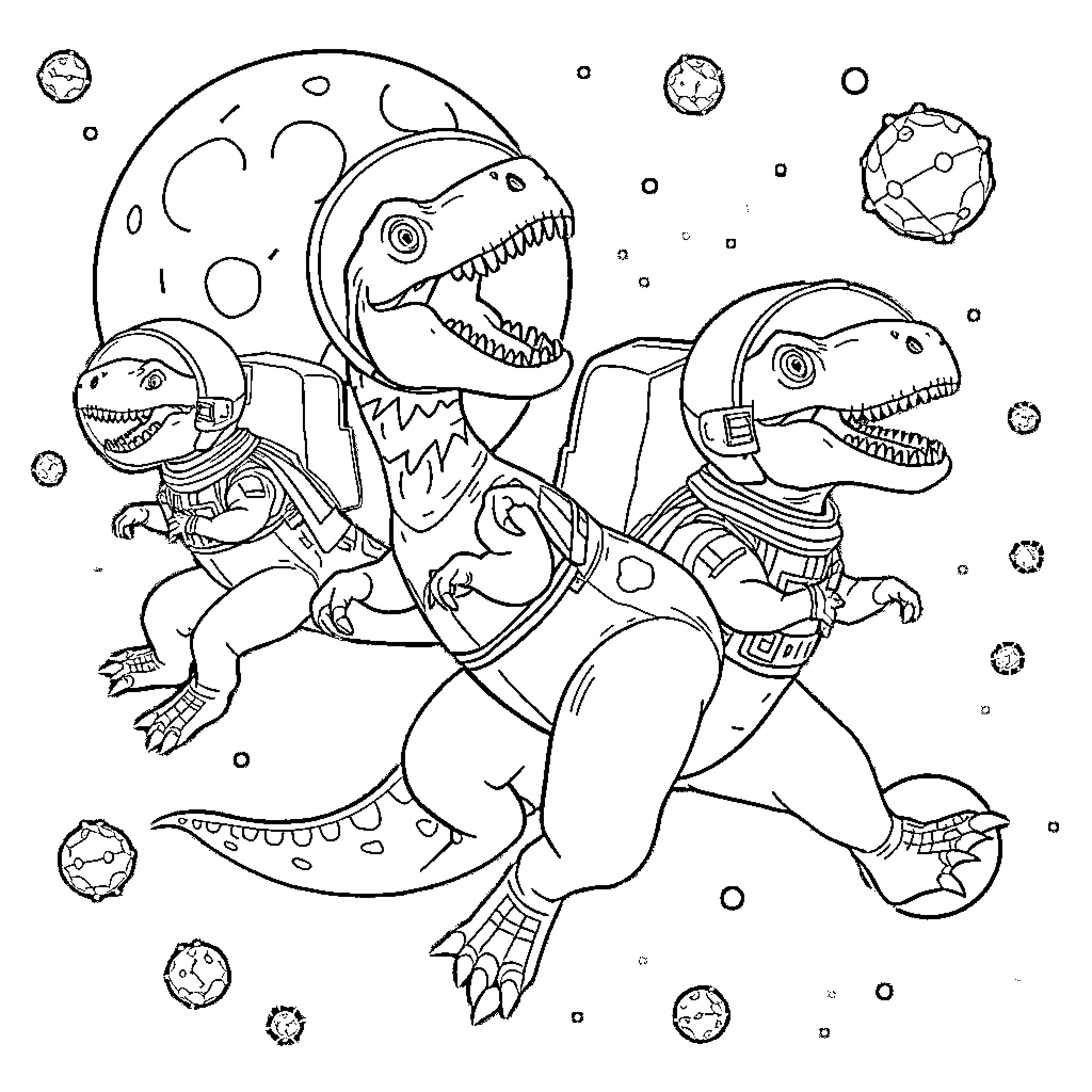 Dinosaurs exploring the cosmos in spacesuits Coloring Page (free black-and-white line drawing printable PDF for all, from beginners to advanced learners, including children, teens, adults, and seniors)