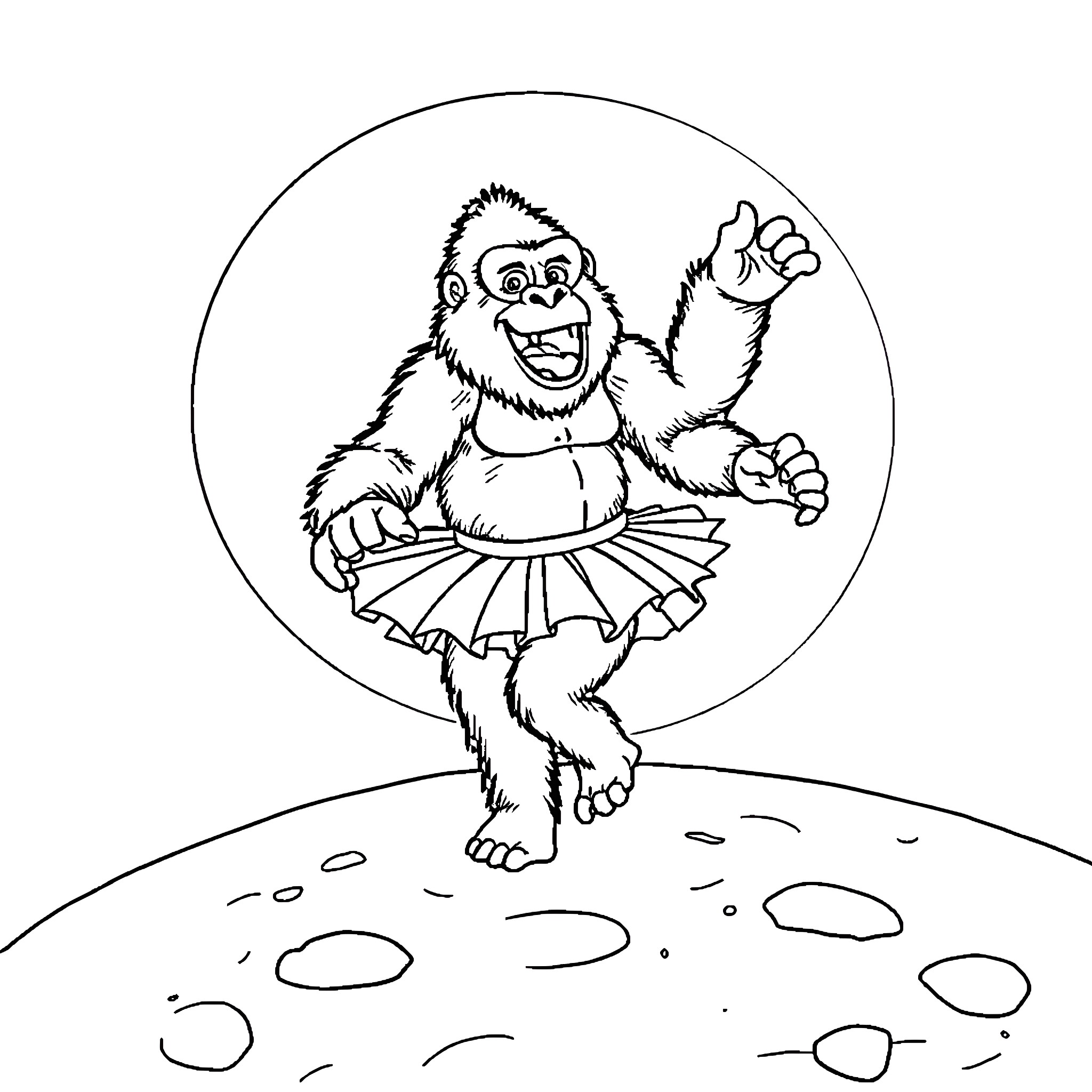 Gorilla dancing cheerfully on the moon Coloring Page (free black-and-white line drawing printable PDF for all, from beginners to advanced learners, including children, teens, adults, and seniors)