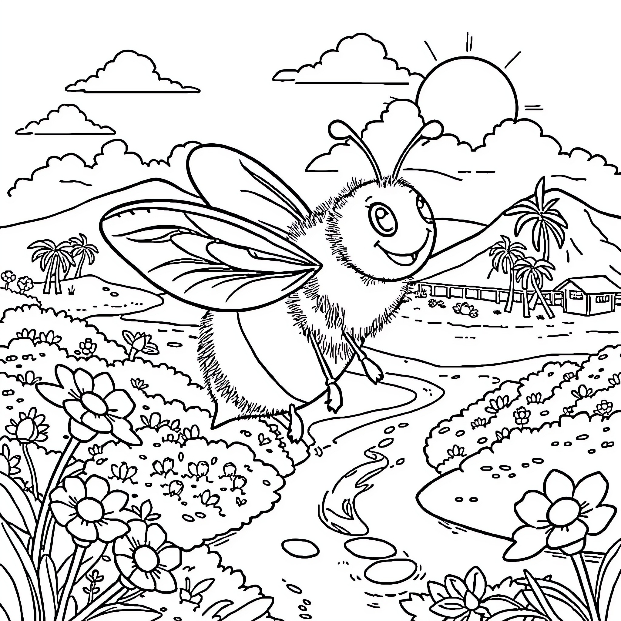 Bee enjoying a sunny day in a serene garden Coloring Page (free black-and-white line drawing printable PDF for all, from beginners to advanced learners, including children, teens, adults, and seniors)