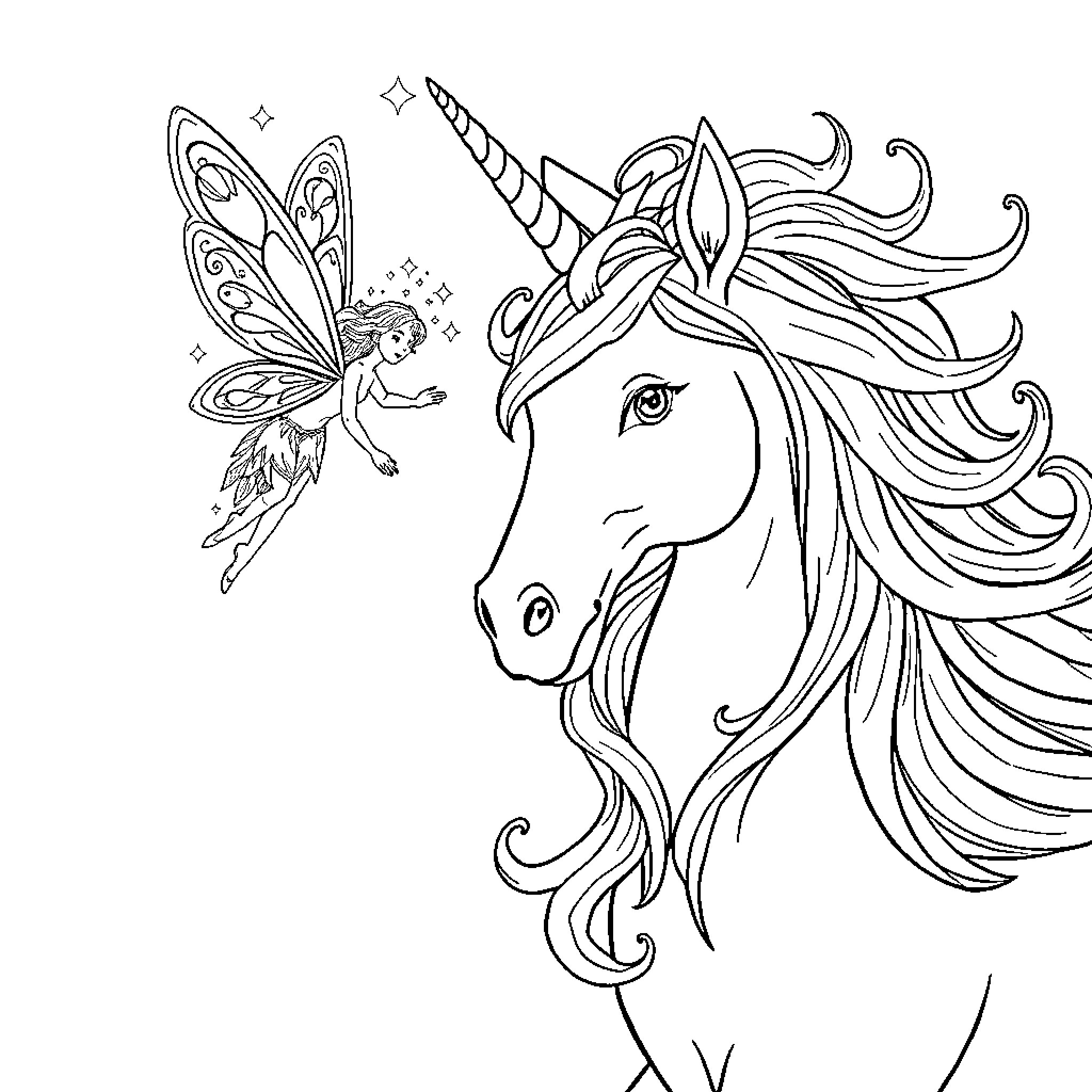 Fairy and unicorn sharing a moment of enchantment Coloring Page (free black-and-white line drawing printable PDF for all, from beginners to advanced learners, including children, teens, adults, and seniors)