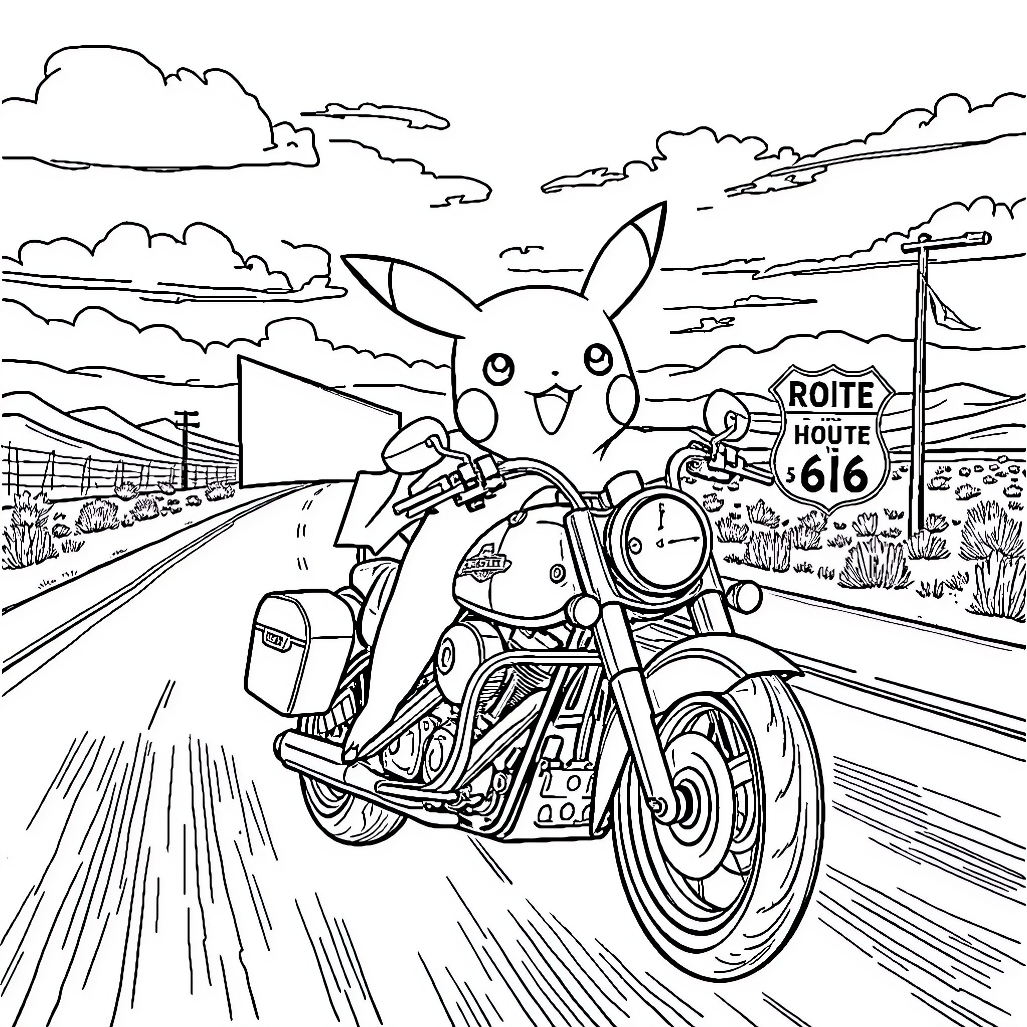 Pikachu's Joyful Motorcycle Adventure on Route 616 Coloring Page (free black-and-white line drawing printable PDF for all, from beginners to advanced learners, including children, teens, adults, and seniors)