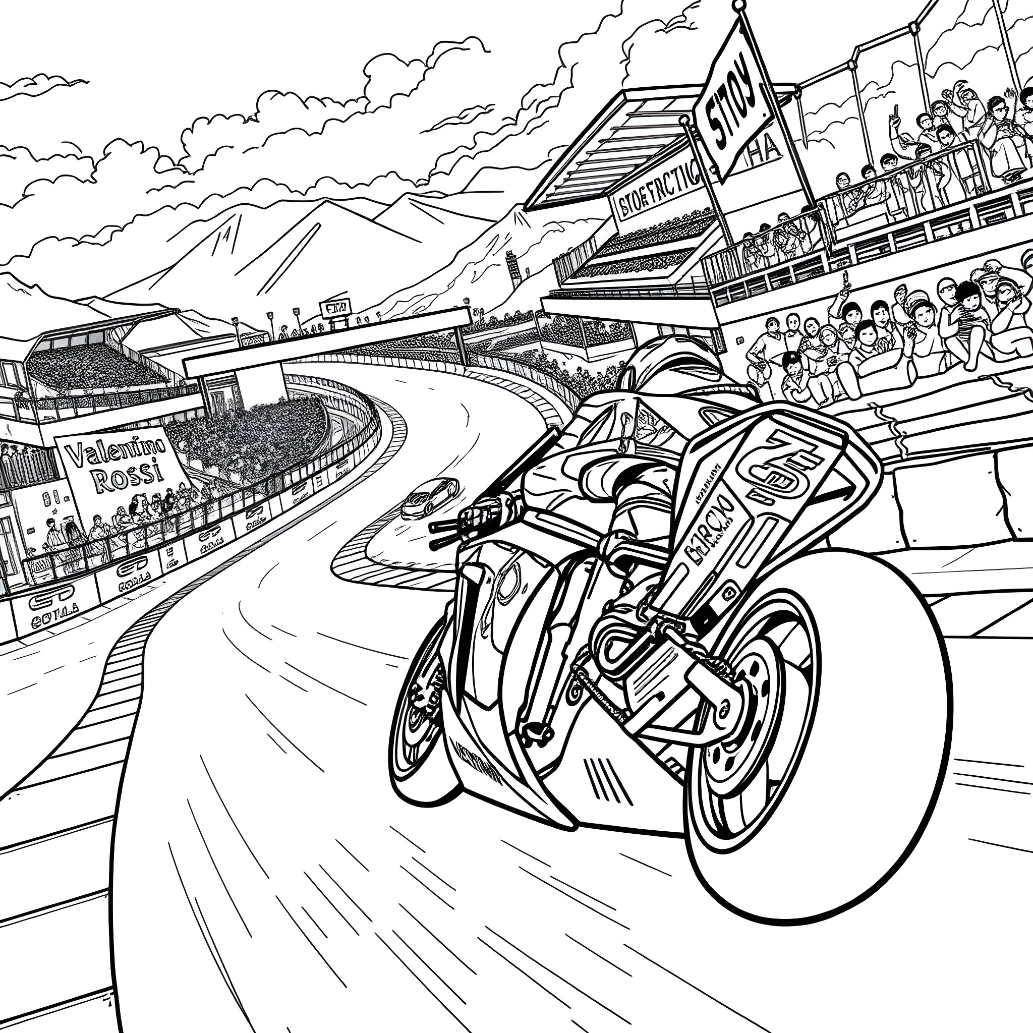Valentino Rossi Racing on a Motorcycle Track Coloring Page (free black-and-white line drawing printable PDF for all, from beginners to advanced learners, including children, teens, adults, and seniors)