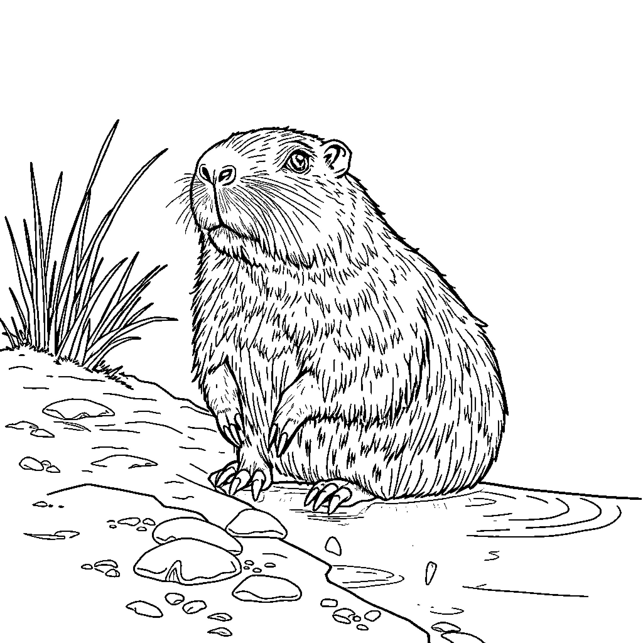 Capybara enjoying a tranquil moment in nature Coloring Page (free black-and-white line drawing printable PDF for all, from beginners to advanced learners, including children, teens, adults, and seniors)
