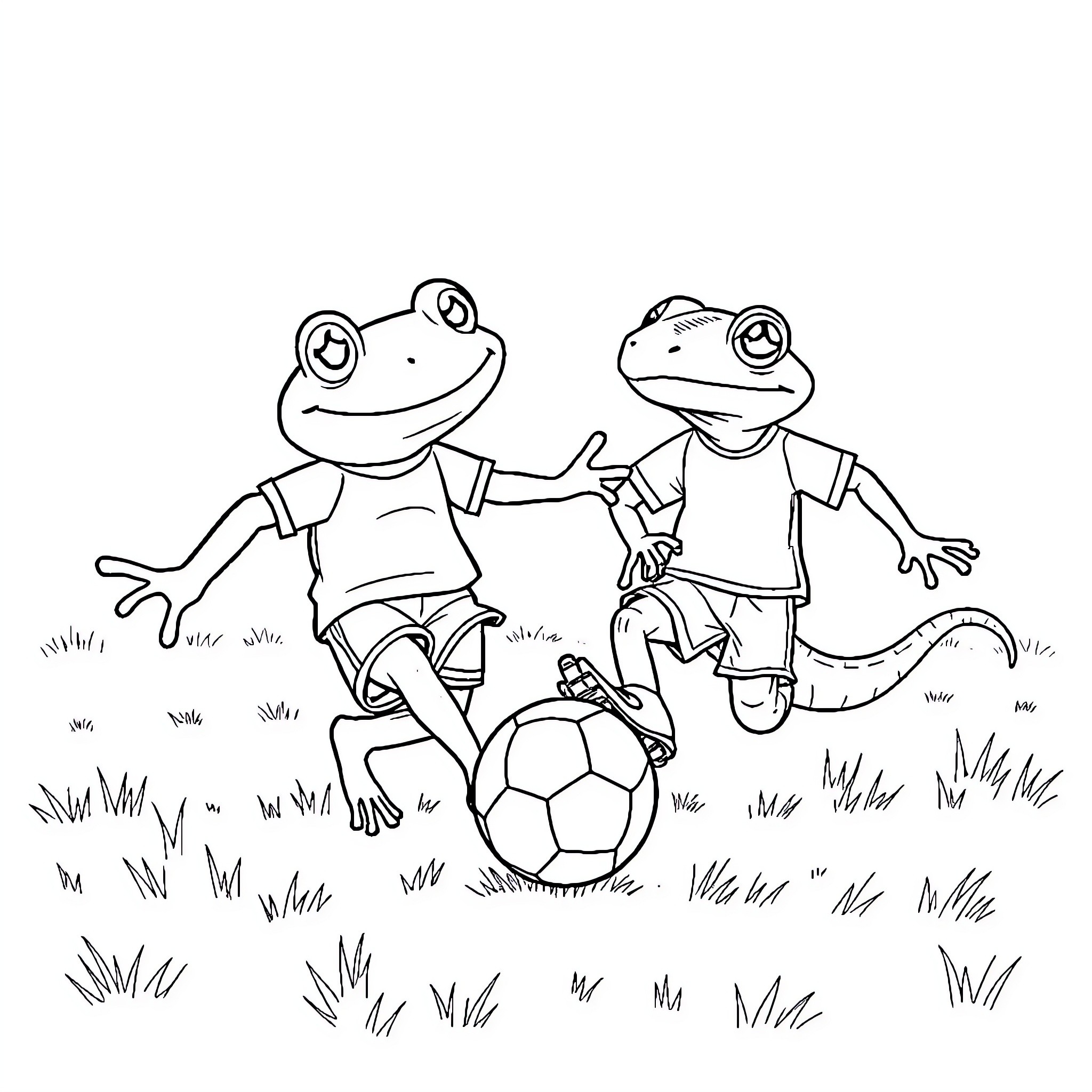 Frog friends playing soccer on the grass Coloring Page (free black-and-white line drawing printable PDF for all, from beginners to advanced learners, including children, teens, adults, and seniors)