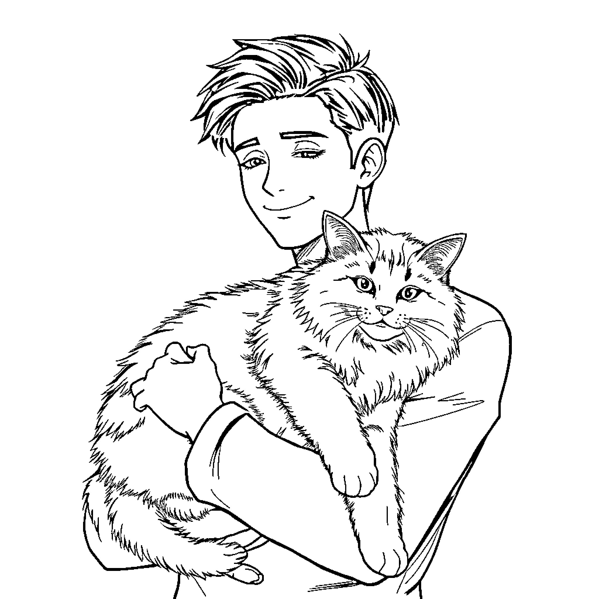 Levi Ackerman Embracing Feline Companion Coloring Page (free black-and-white line drawing printable PDF for all, from beginners to advanced learners, including children, teens, adults, and seniors)