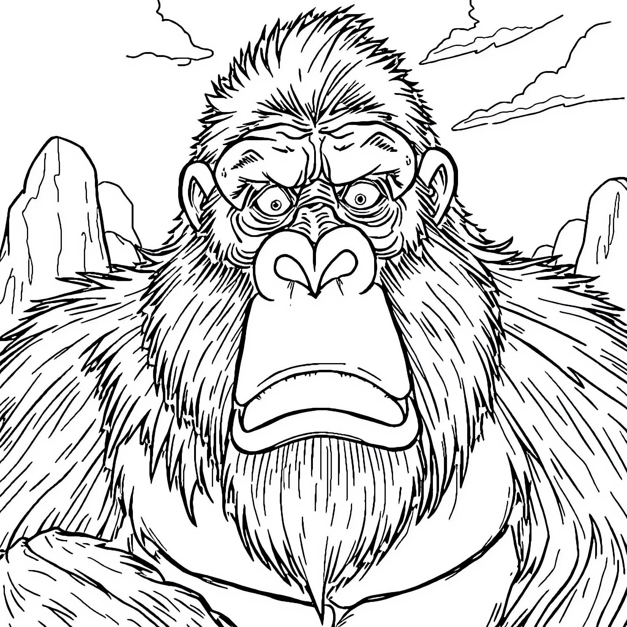 King Kong roaring angrily in the wild mountains Coloring Page (free black-and-white line drawing printable PDF for all, from beginners to advanced learners, including children, teens, adults, and seniors)