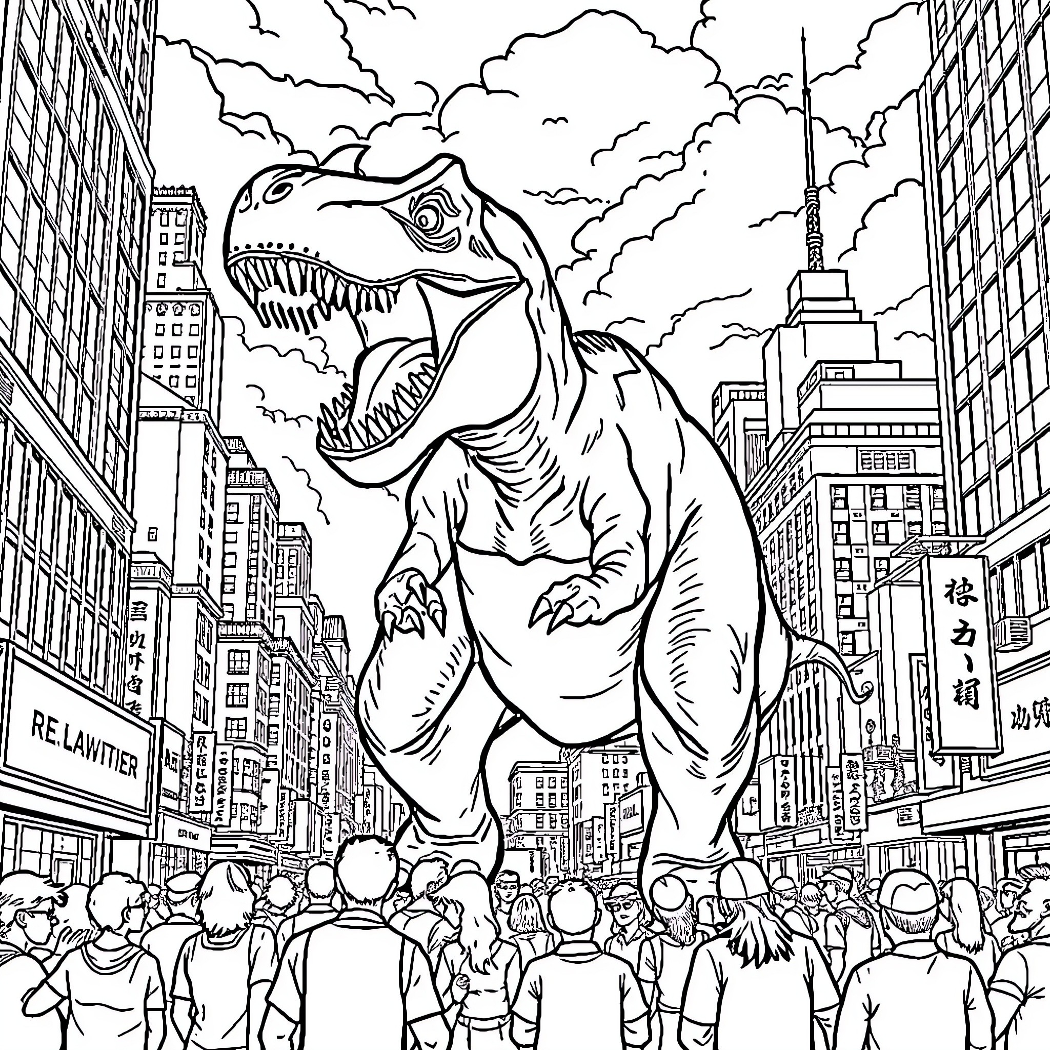 T-Rex Rampaging Through a Crowded City Coloring Page (free black-and-white line drawing printable PDF for all, from beginners to advanced learners, including children, teens, adults, and seniors)