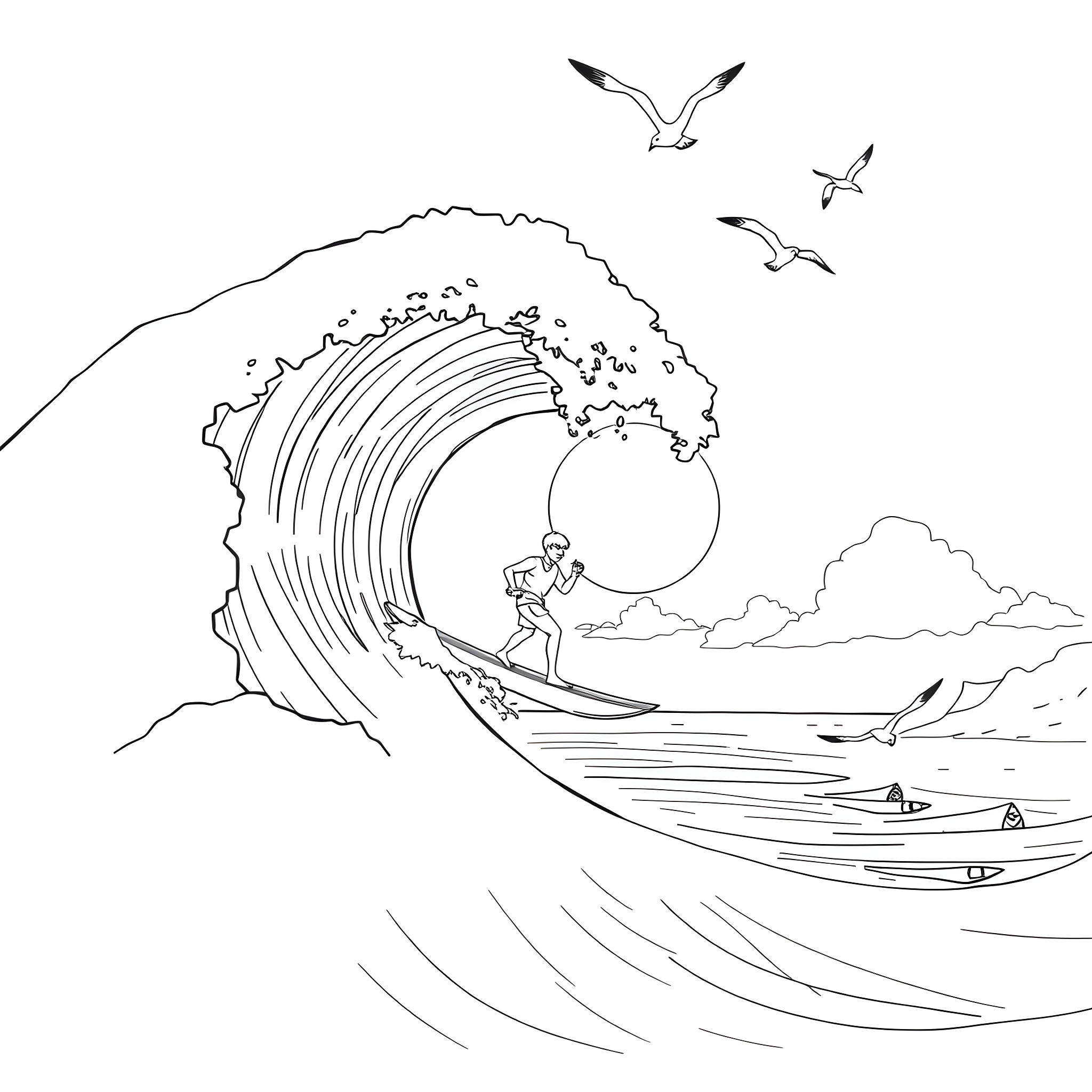 Labubu surfs through the majestic wave Coloring Page (free black-and-white line drawing printable PDF for all, from beginners to advanced learners, including children, teens, adults, and seniors)