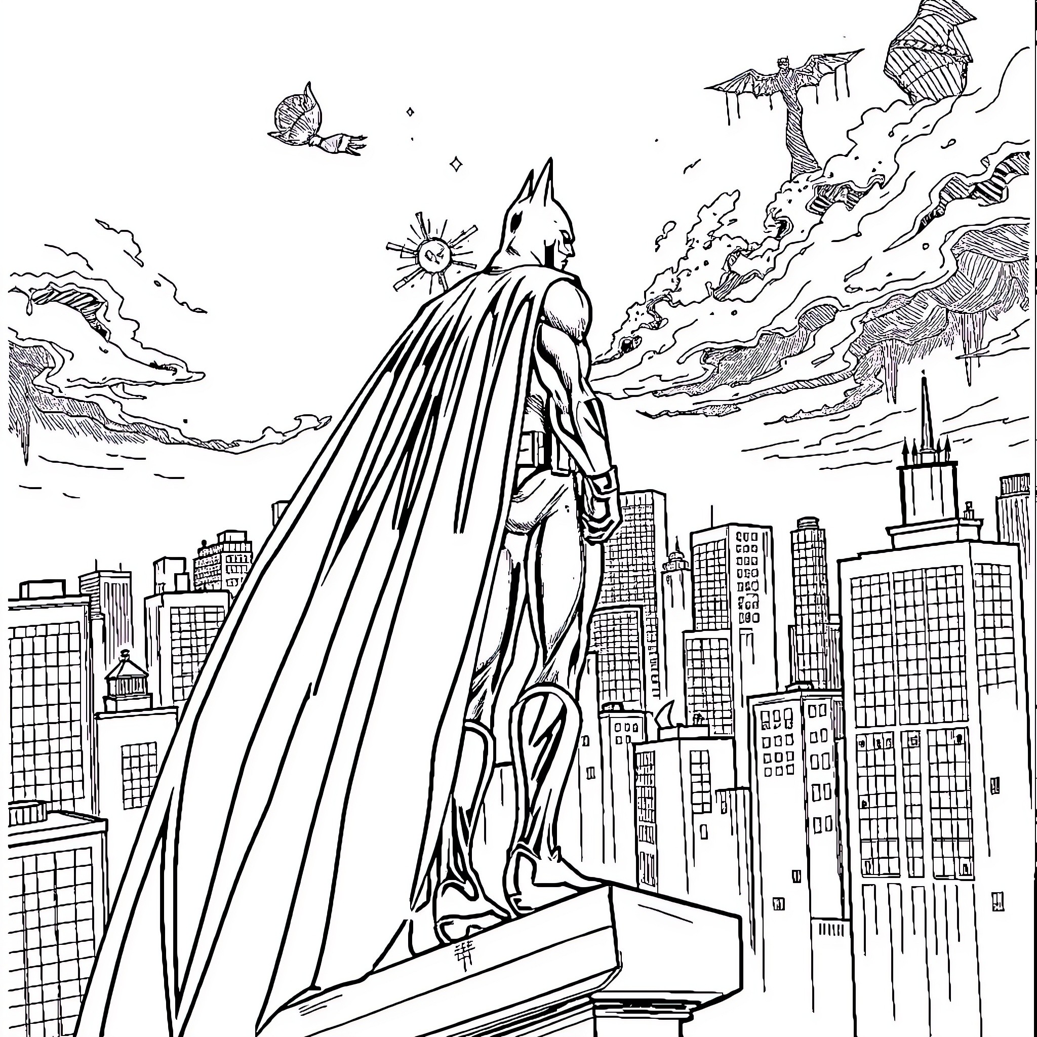 Batman surveying the city from atop a skyscraper Coloring Page (free black-and-white line drawing printable PDF for all, from beginners to advanced learners, including children, teens, adults, and seniors)