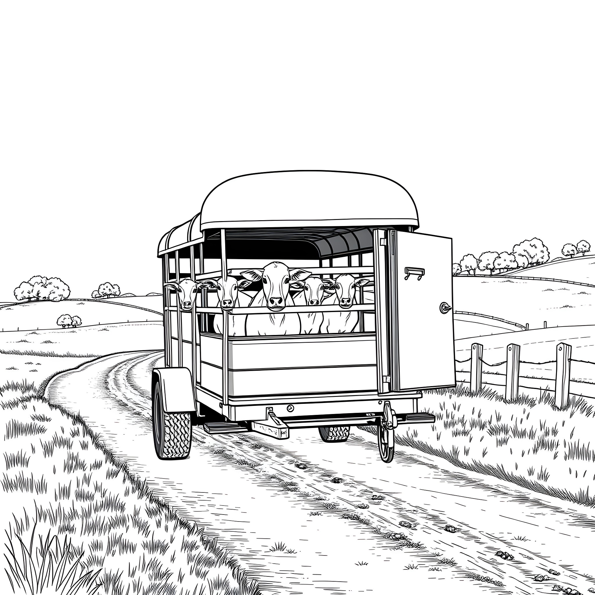 Livestock Trailer Transporting Animals on a Country Road Coloring Page (free black-and-white line drawing printable PDF for all, from beginners to advanced learners, including children, teens, adults, and seniors)