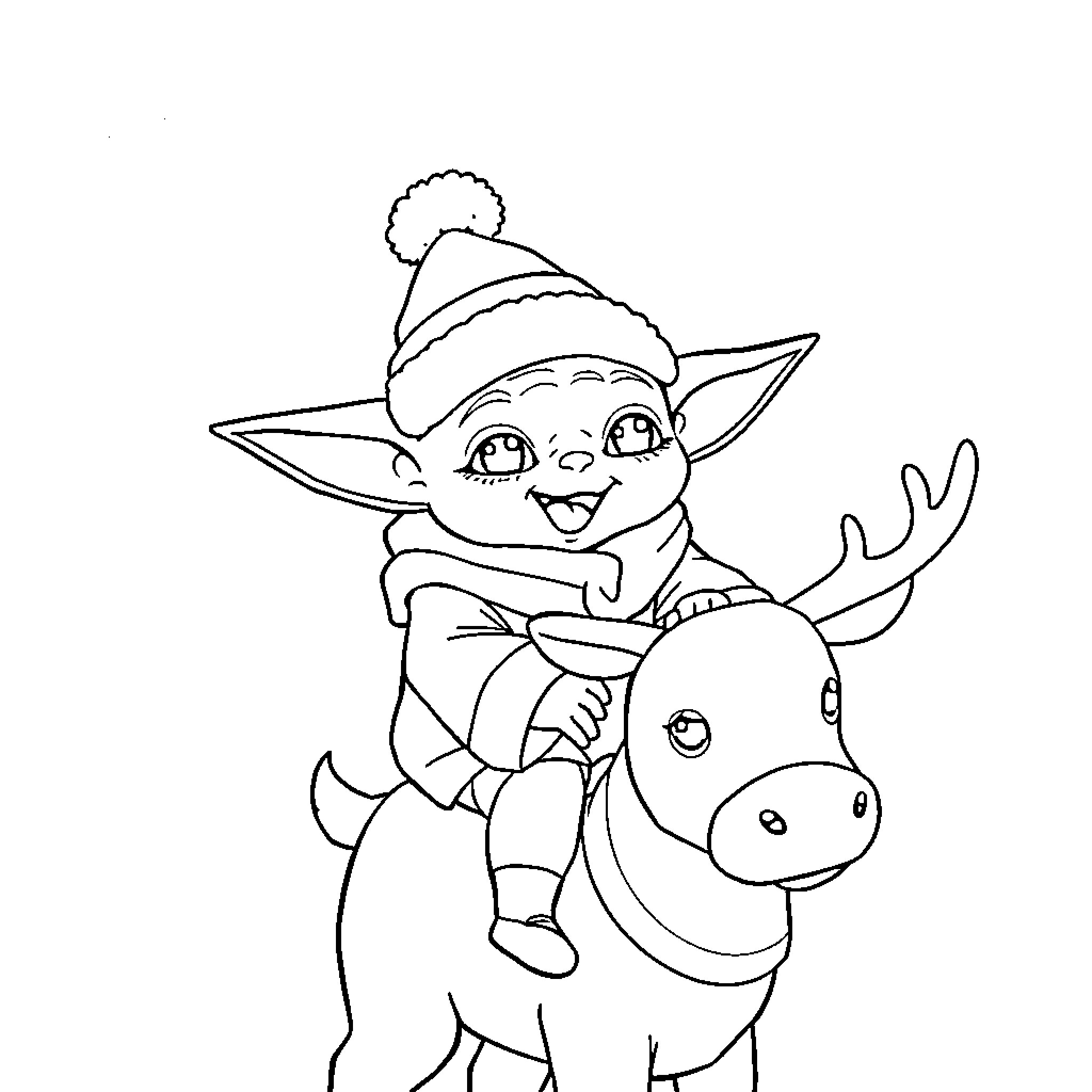 Baby Yoda riding on a friendly reindeer Coloring Page (free black-and-white line drawing printable PDF for all, from beginners to advanced learners, including children, teens, adults, and seniors)