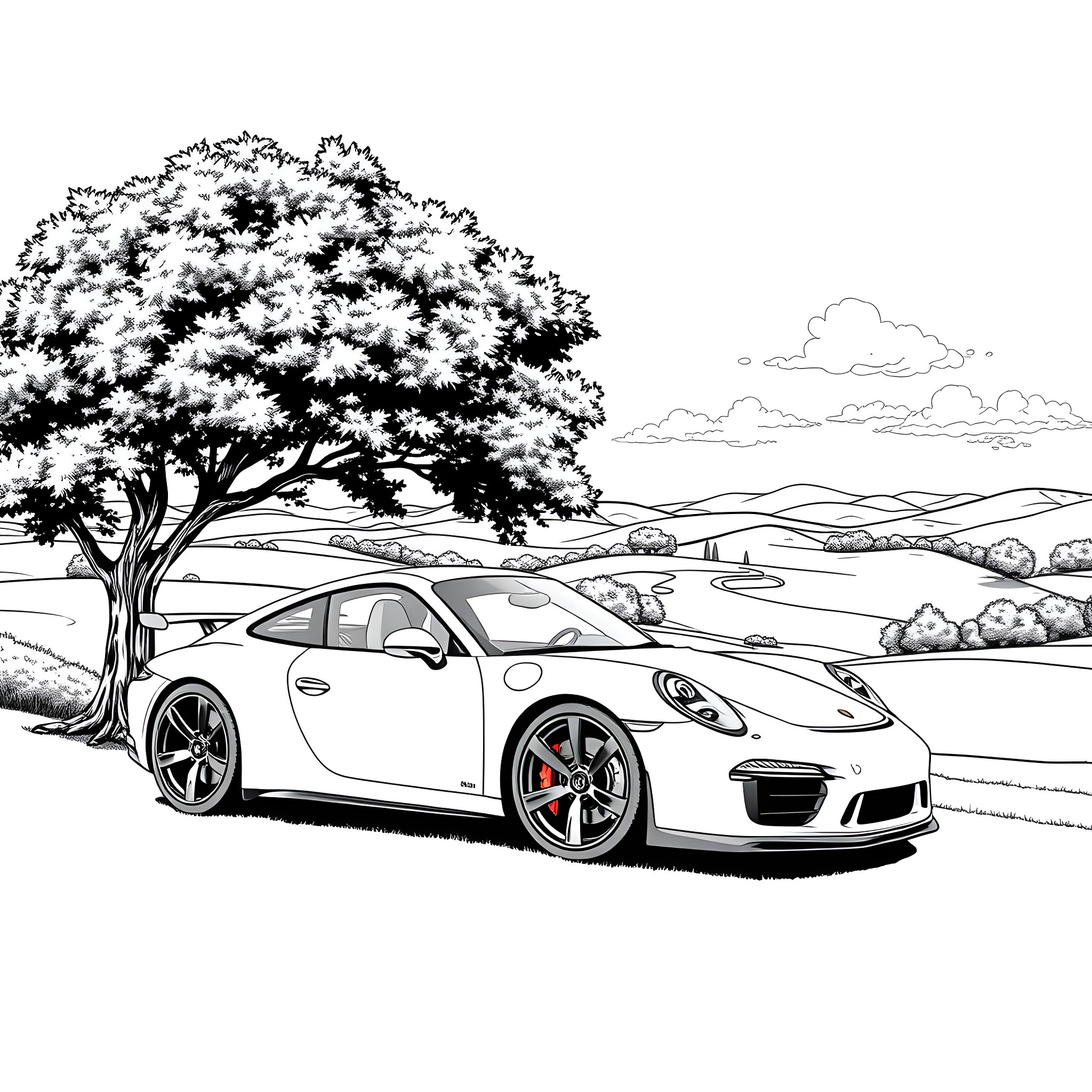 Porsche sports car parked in scenic landscape Coloring Page (free black-and-white line drawing printable PDF for all, from beginners to advanced learners, including children, teens, adults, and seniors)