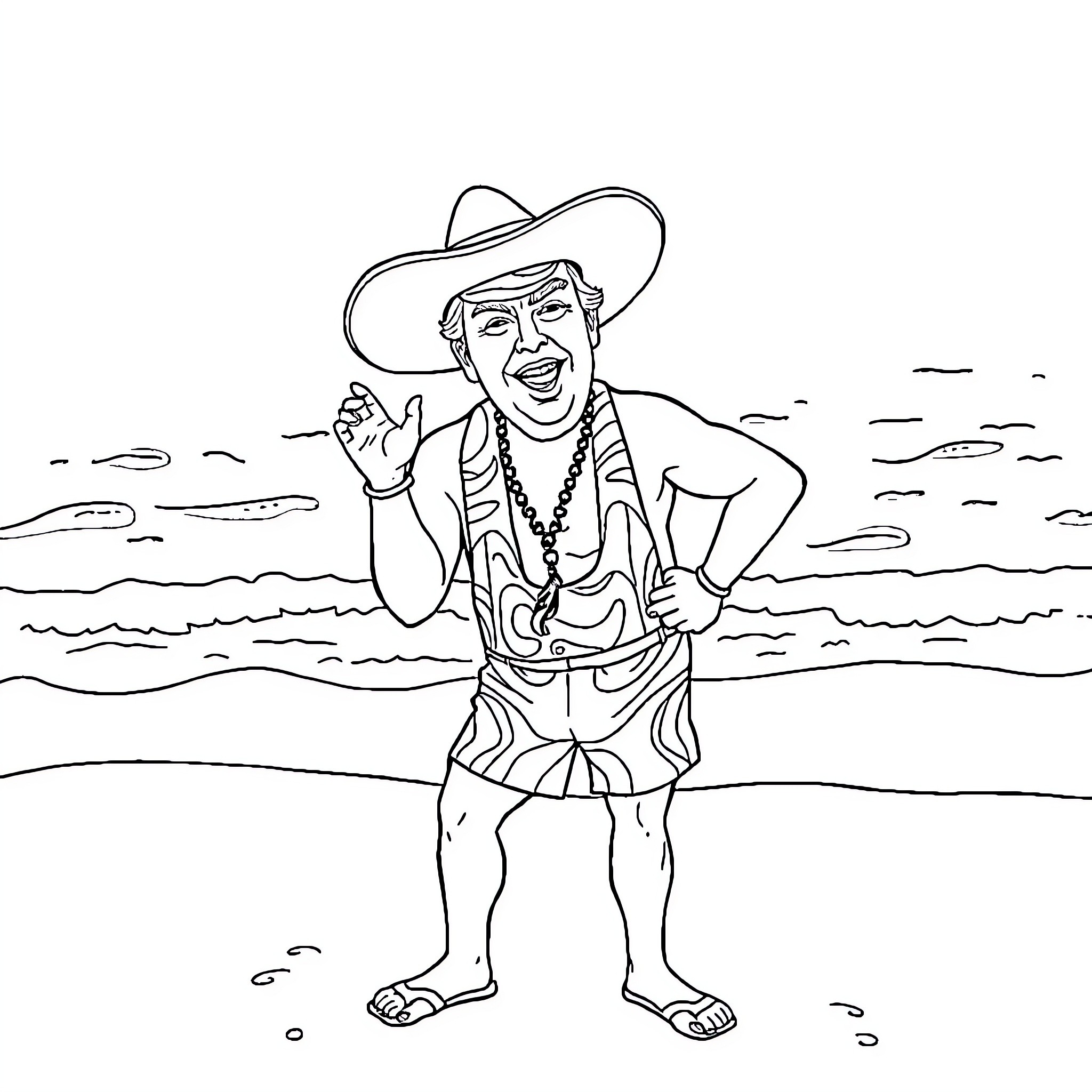 Donald Trump Relaxing on the Beach Coloring Page (free black-and-white line drawing printable PDF for all, from beginners to advanced learners, including children, teens, adults, and seniors)