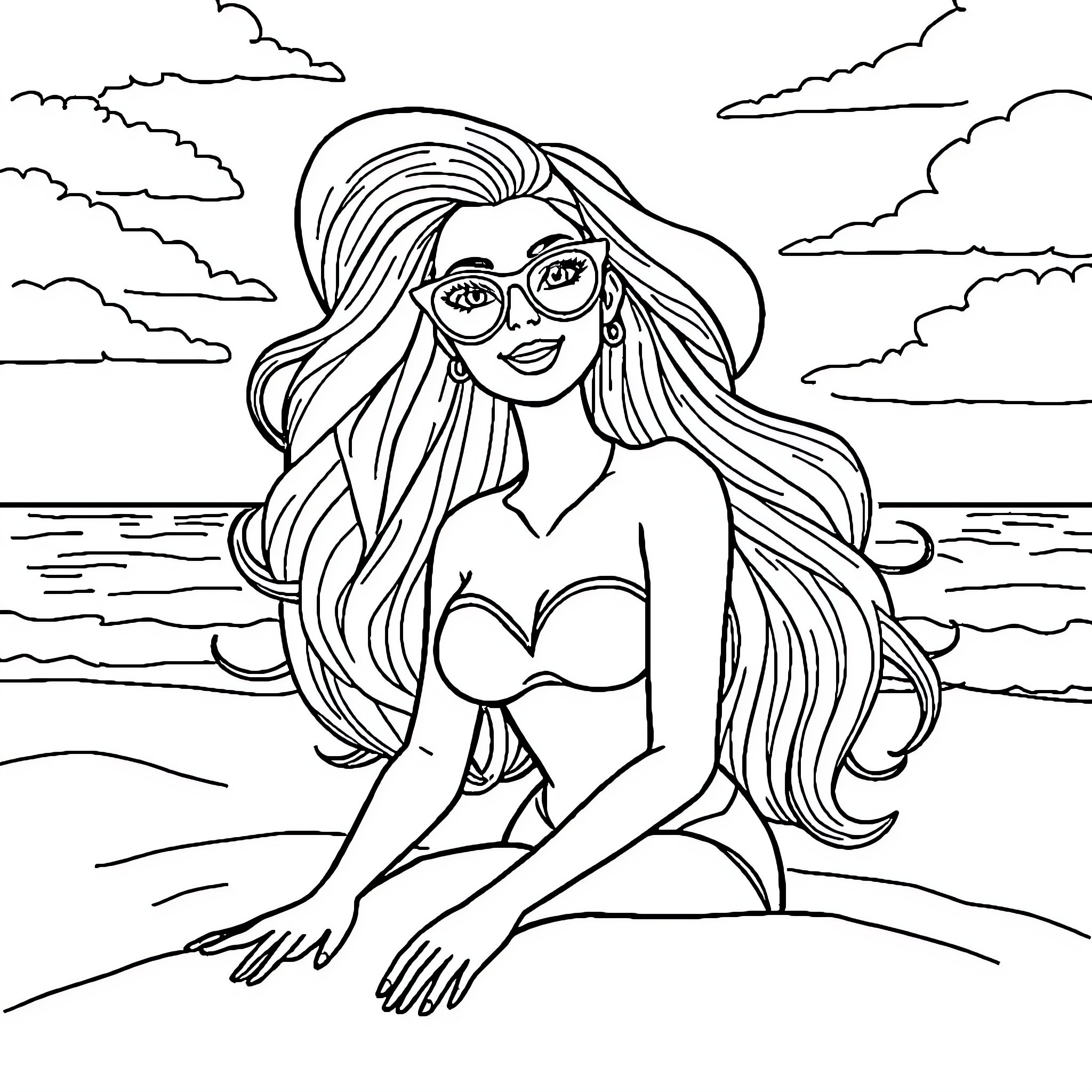 Barbie enjoying a day at the beach Coloring Page (free black-and-white line drawing printable PDF for all, from beginners to advanced learners, including children, teens, adults, and seniors)