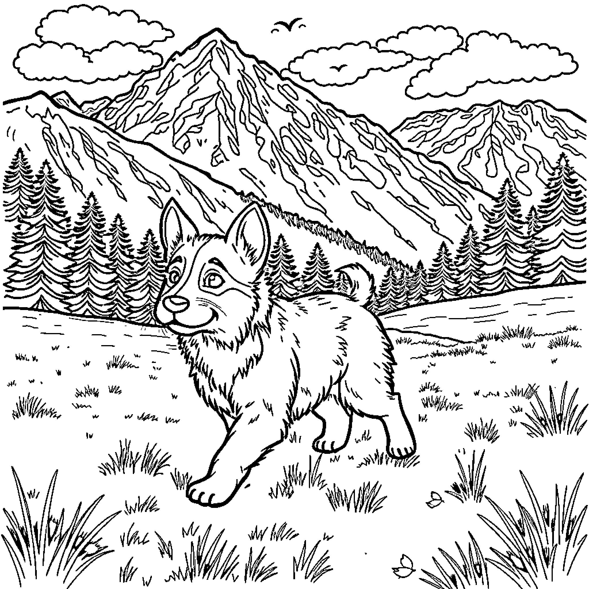 Puppy exploring majestic mountain landscape Coloring Page (free black-and-white line drawing printable PDF for all, from beginners to advanced learners, including children, teens, adults, and seniors)