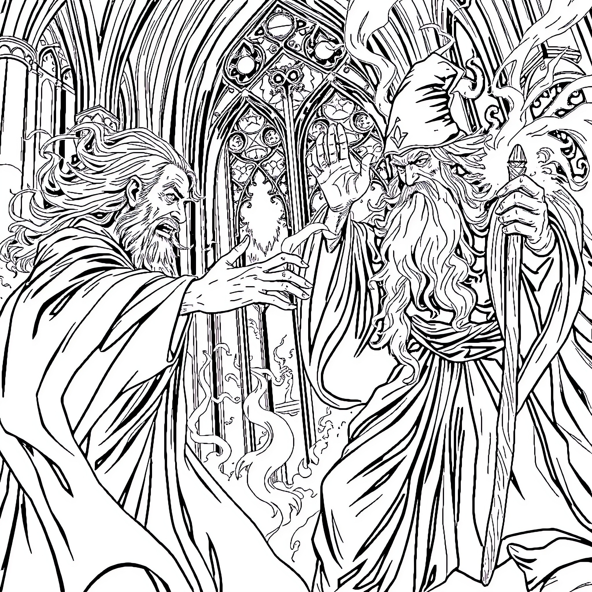 Dumbledore overseeing magical ceremony in ornate chamber Coloring Page (free black-and-white line drawing printable PDF for all, from beginners to advanced learners, including children, teens, adults, and seniors)