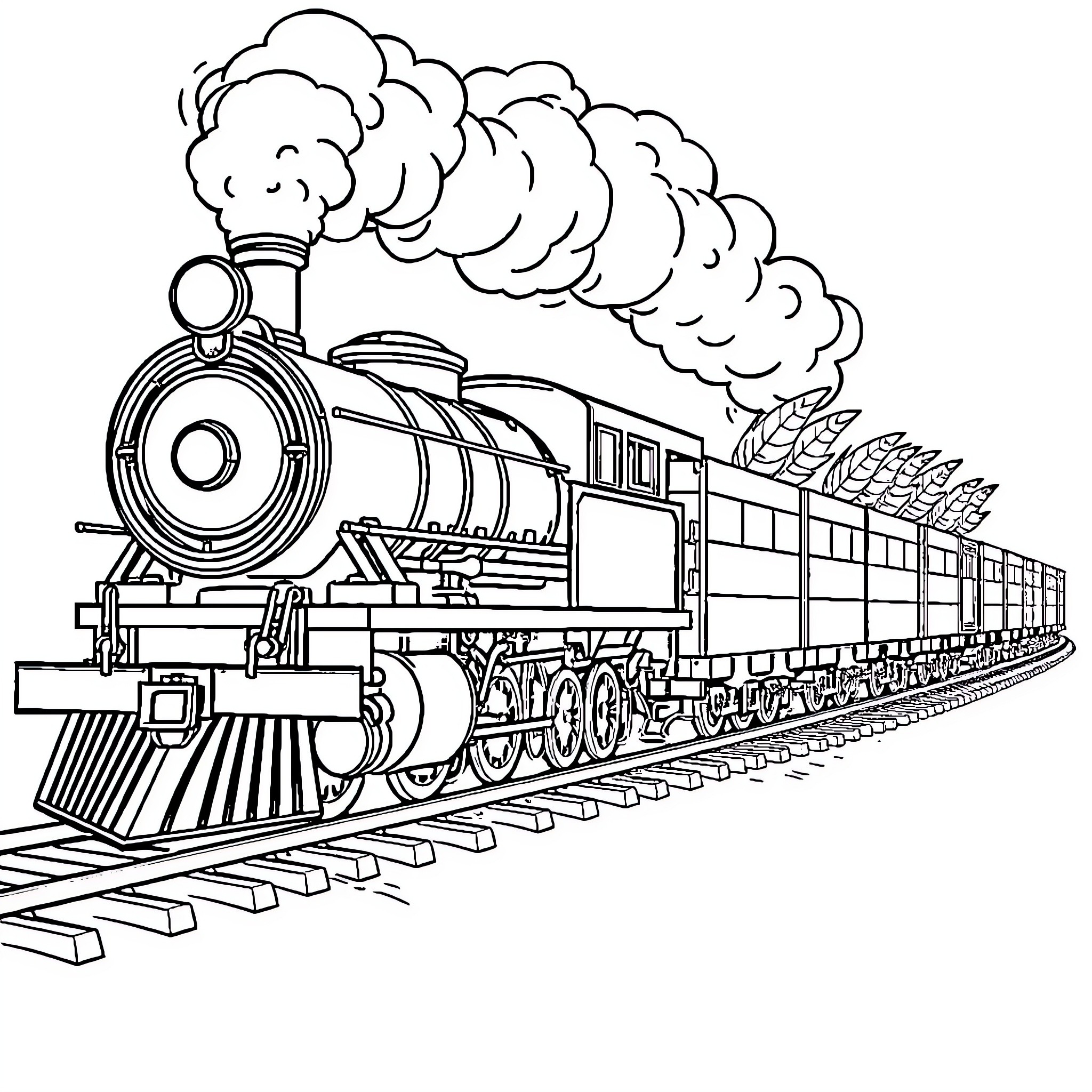 Locomotive speeding through the countryside Coloring Page (free black-and-white line drawing printable PDF for all, from beginners to advanced learners, including children, teens, adults, and seniors)