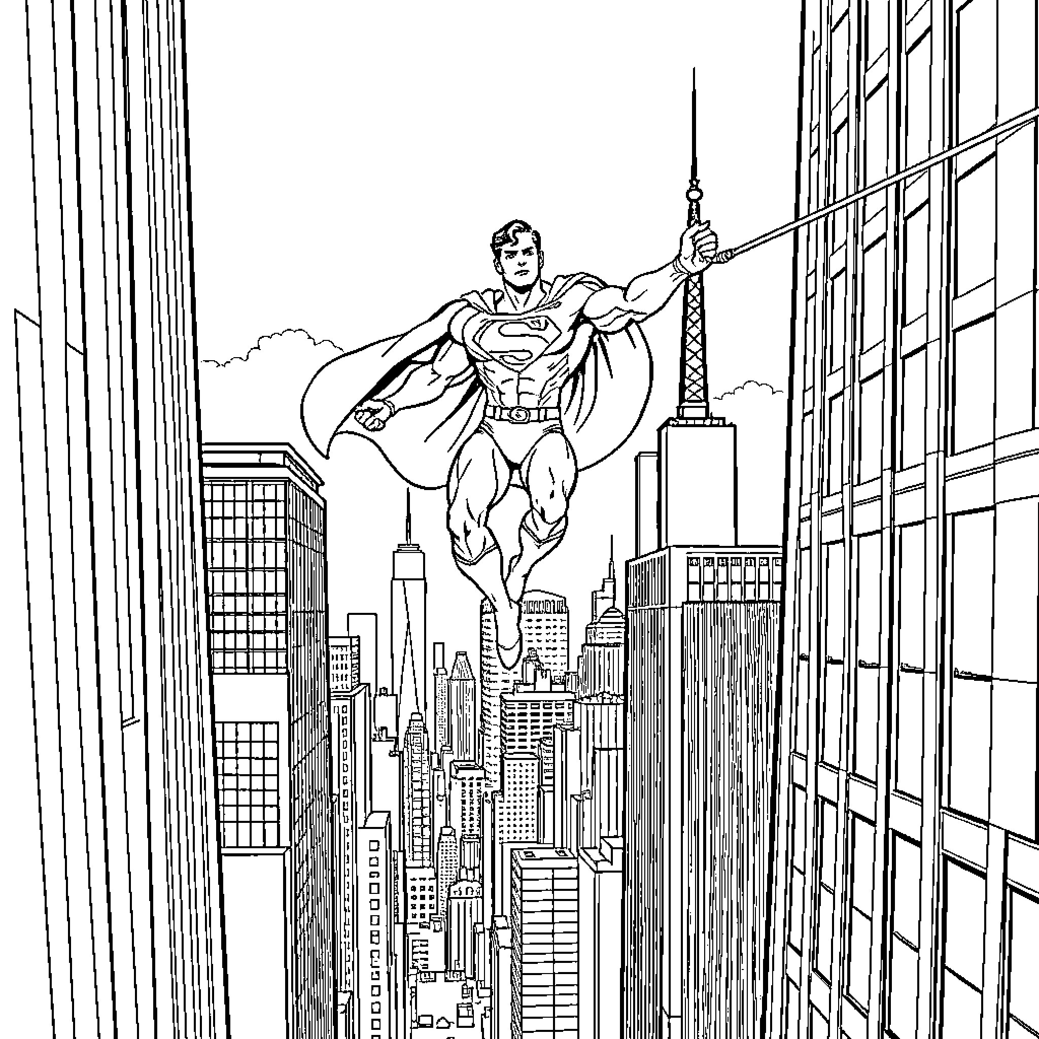 Superman soaring above the bustling city skyline Coloring Page (free black-and-white line drawing printable PDF for all, from beginners to advanced learners, including children, teens, adults, and seniors)