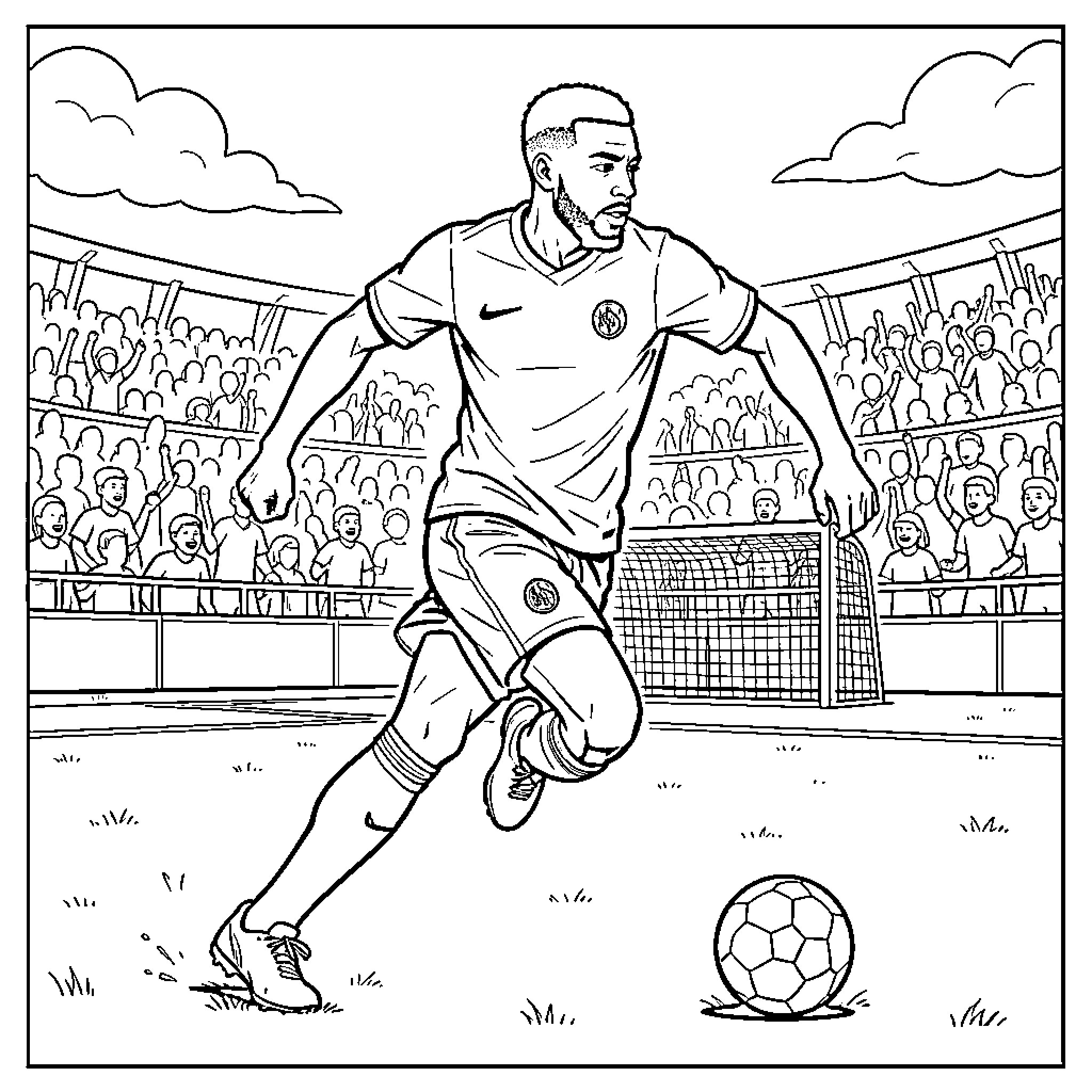 Mbappe running with a soccer ball during a match Coloring Page (free black-and-white line drawing printable PDF for all, from beginners to advanced learners, including children, teens, adults, and seniors)