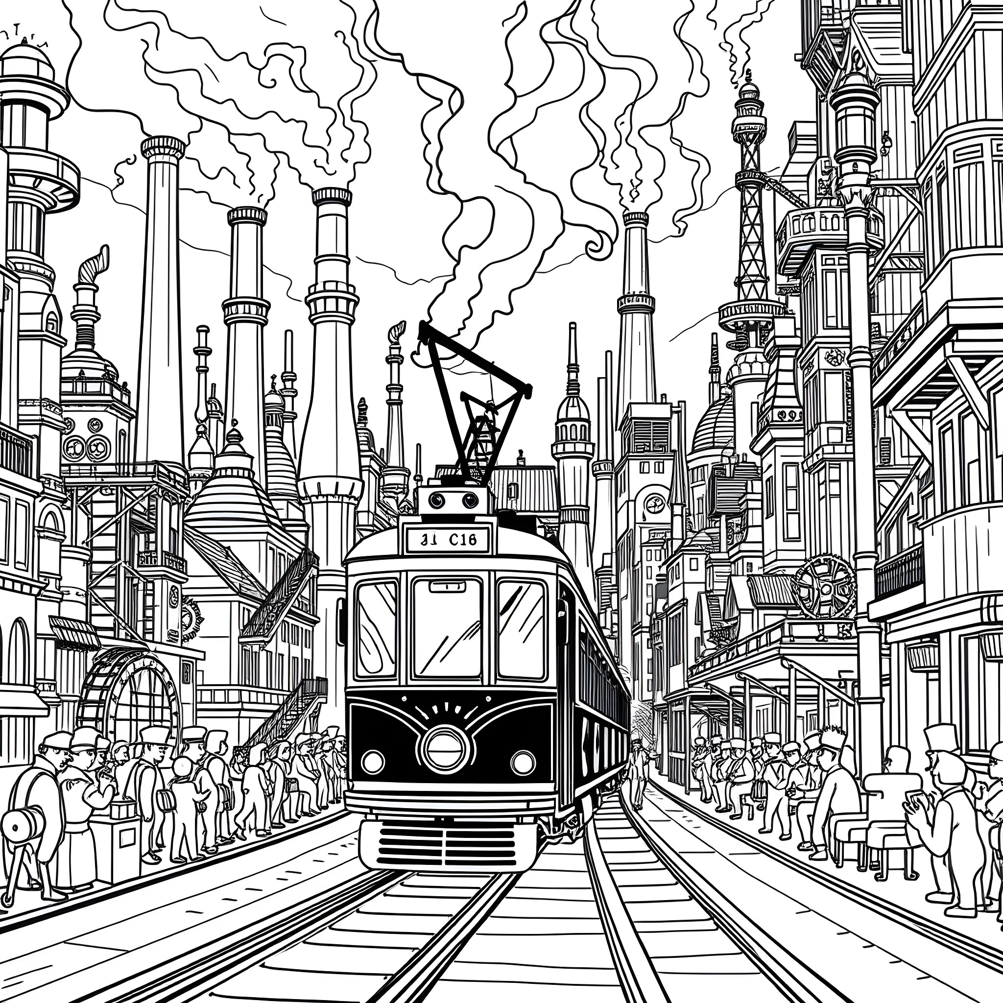 Streetcar traveling through a bustling urban landscape Coloring Page (free black-and-white line drawing printable PDF for all, from beginners to advanced learners, including children, teens, adults, and seniors)