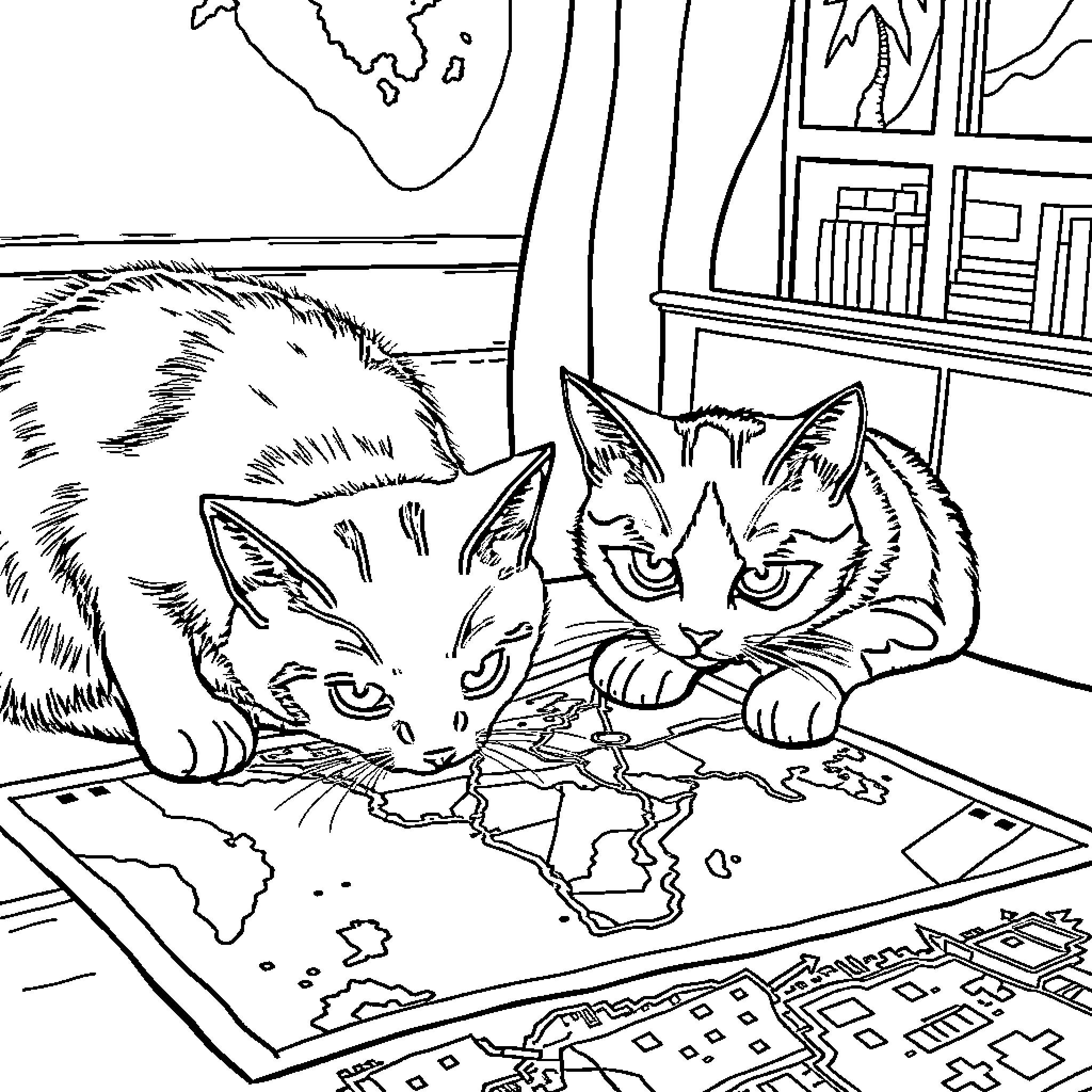 Cat Exploring a World Map Coloring Page (free black-and-white line drawing printable PDF for all, from beginners to advanced learners, including children, teens, adults, and seniors)