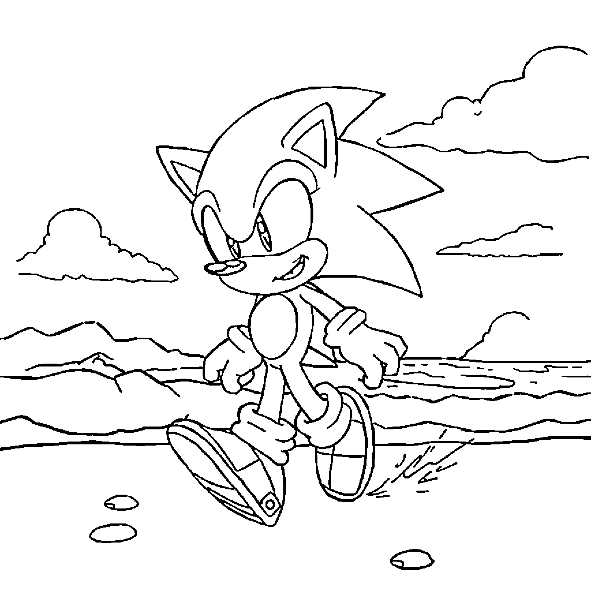 Sonic running fast through the rocky terrain Coloring Page (free black-and-white line drawing printable PDF for all, from beginners to advanced learners, including children, teens, adults, and seniors)