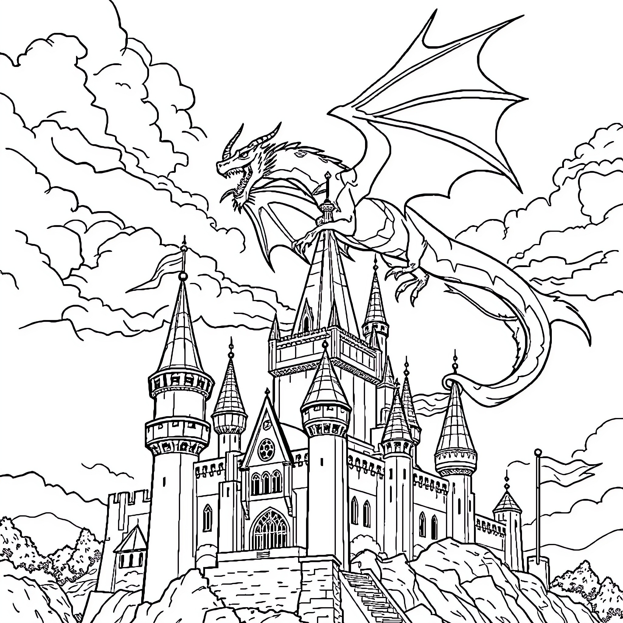 Dragon soaring above a majestic castle Coloring Page (free black-and-white line drawing printable PDF for all, from beginners to advanced learners, including children, teens, adults, and seniors)