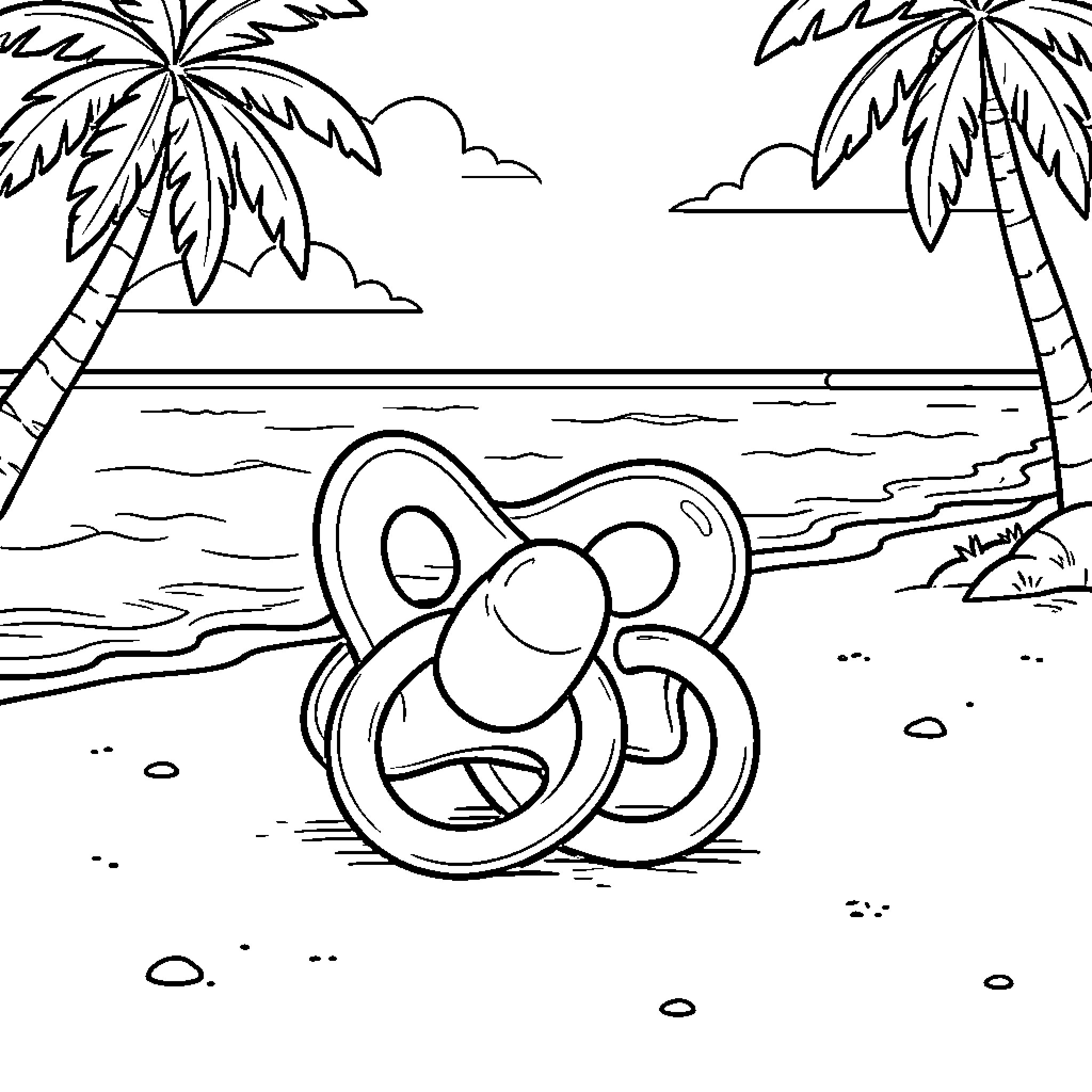 Pacifier resting on a sandy tropical beach Coloring Page (free black-and-white line drawing printable PDF for all, from beginners to advanced learners, including children, teens, adults, and seniors)