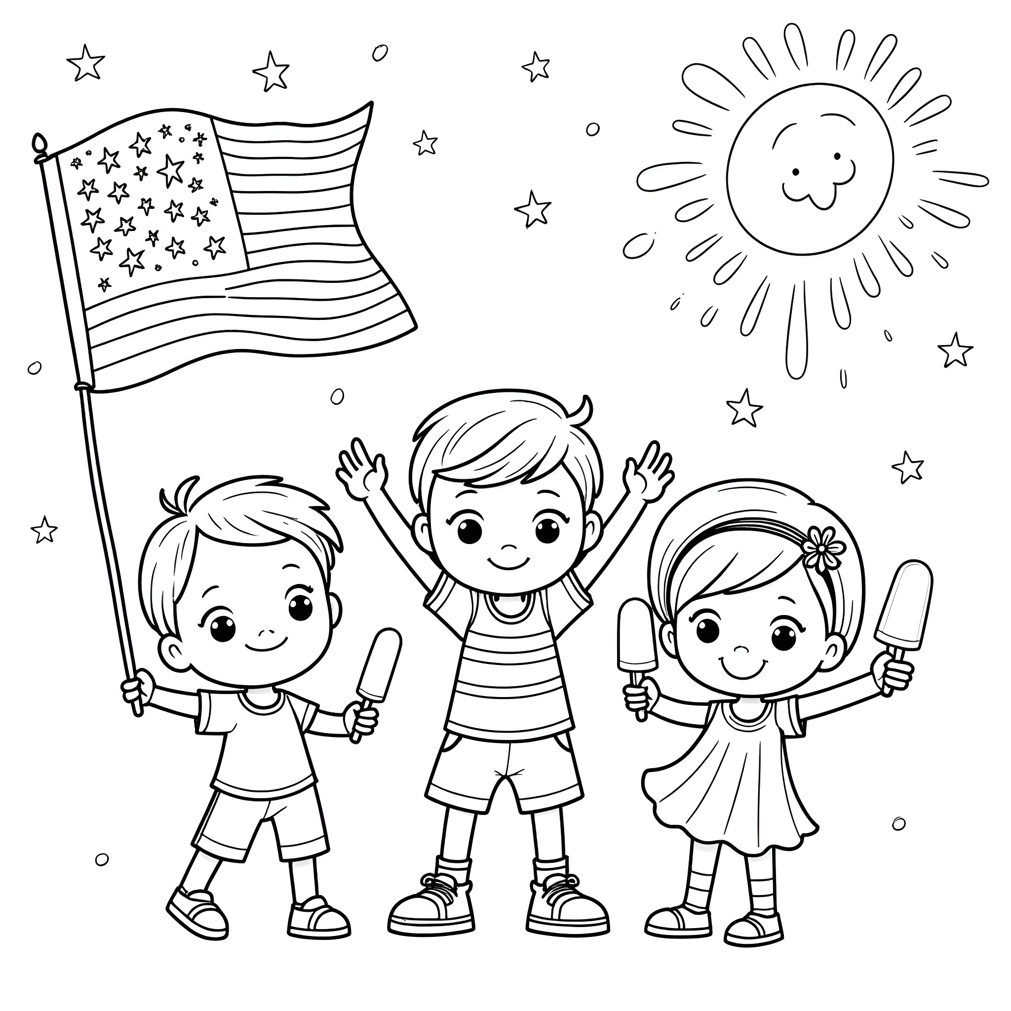 Kids playing with American flag and enjoying sunny day Coloring Page (free black-and-white line drawing printable PDF for all, from beginners to advanced learners, including children, teens, adults, and seniors)