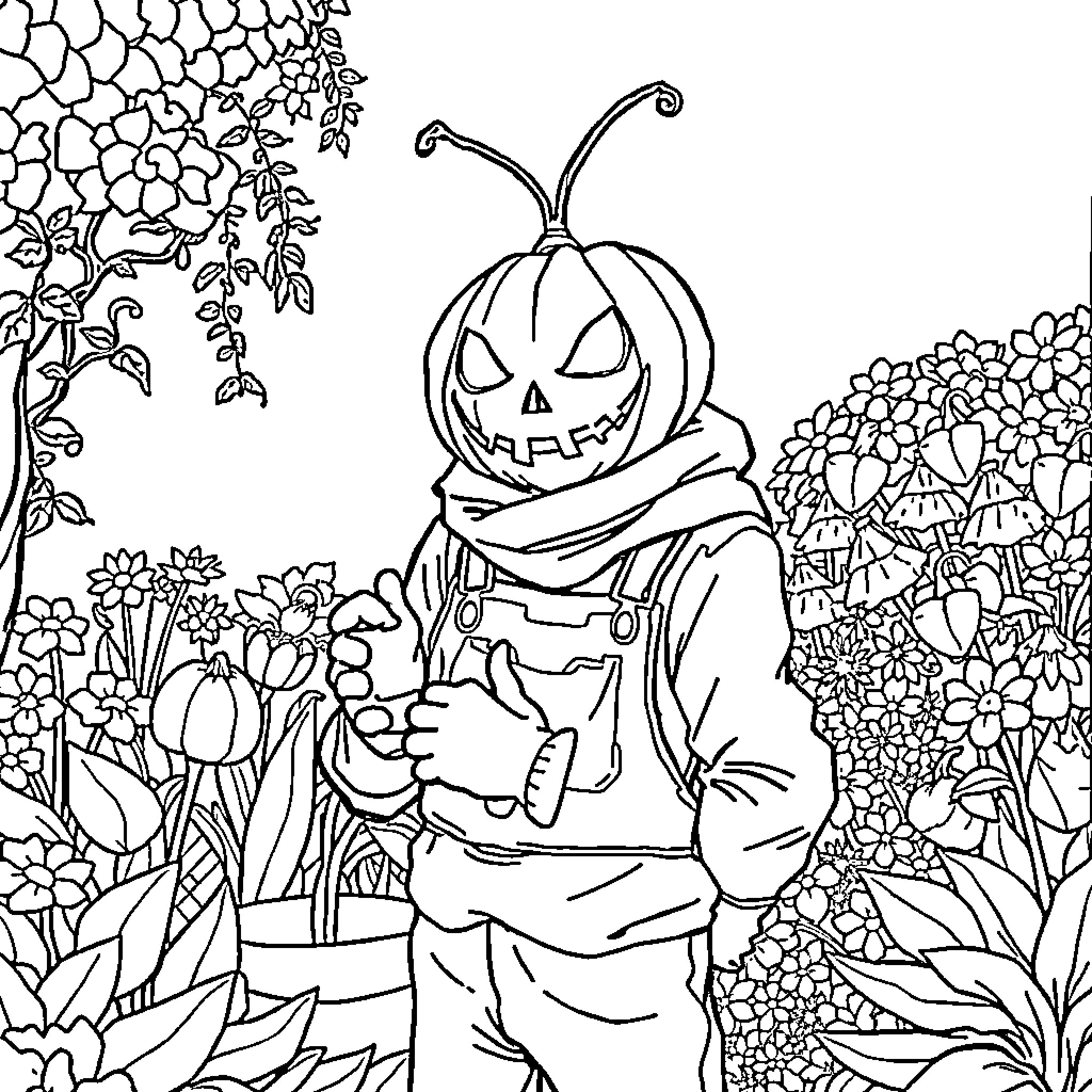 Pumpkin-headed figure exploring a lush garden Coloring Page (free black-and-white line drawing printable PDF for all, from beginners to advanced learners, including children, teens, adults, and seniors)