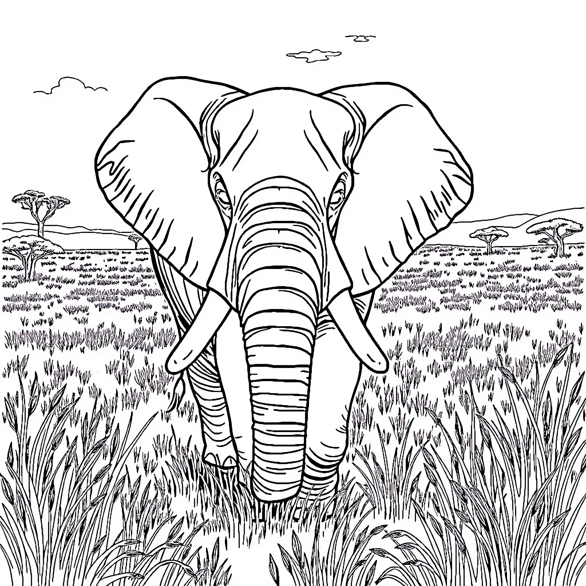 Elephant exploring the lush savanna Coloring Page (free black-and-white line drawing printable PDF for all, from beginners to advanced learners, including children, teens, adults, and seniors)