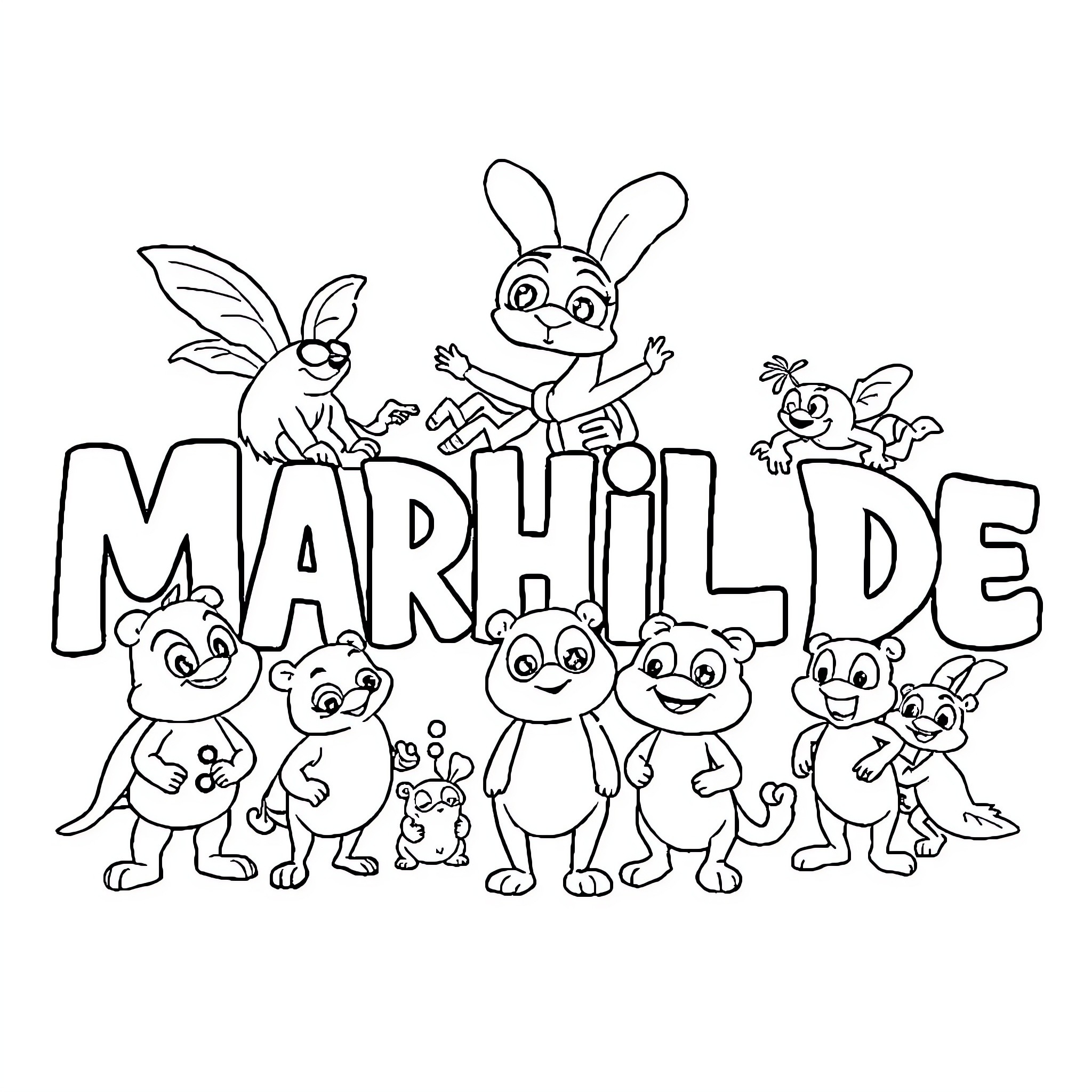 Paw Patrol Marhilde characters in action Coloring Page (free black-and-white line drawing printable PDF for all, from beginners to advanced learners, including children, teens, adults, and seniors)