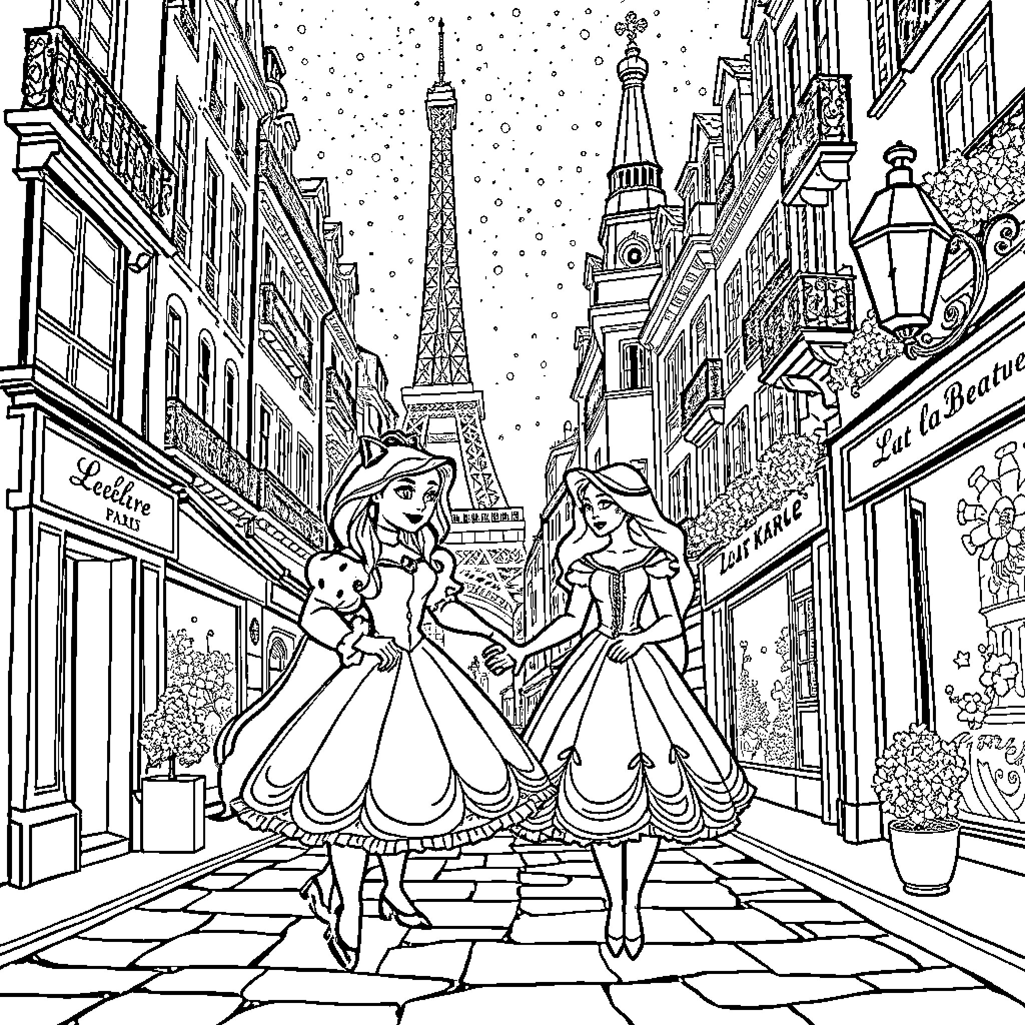 Beauty And The Beast Exploring Romantic Paris Scenery Coloring Page (free black-and-white line drawing printable PDF for all, from beginners to advanced learners, including children, teens, adults, and seniors)