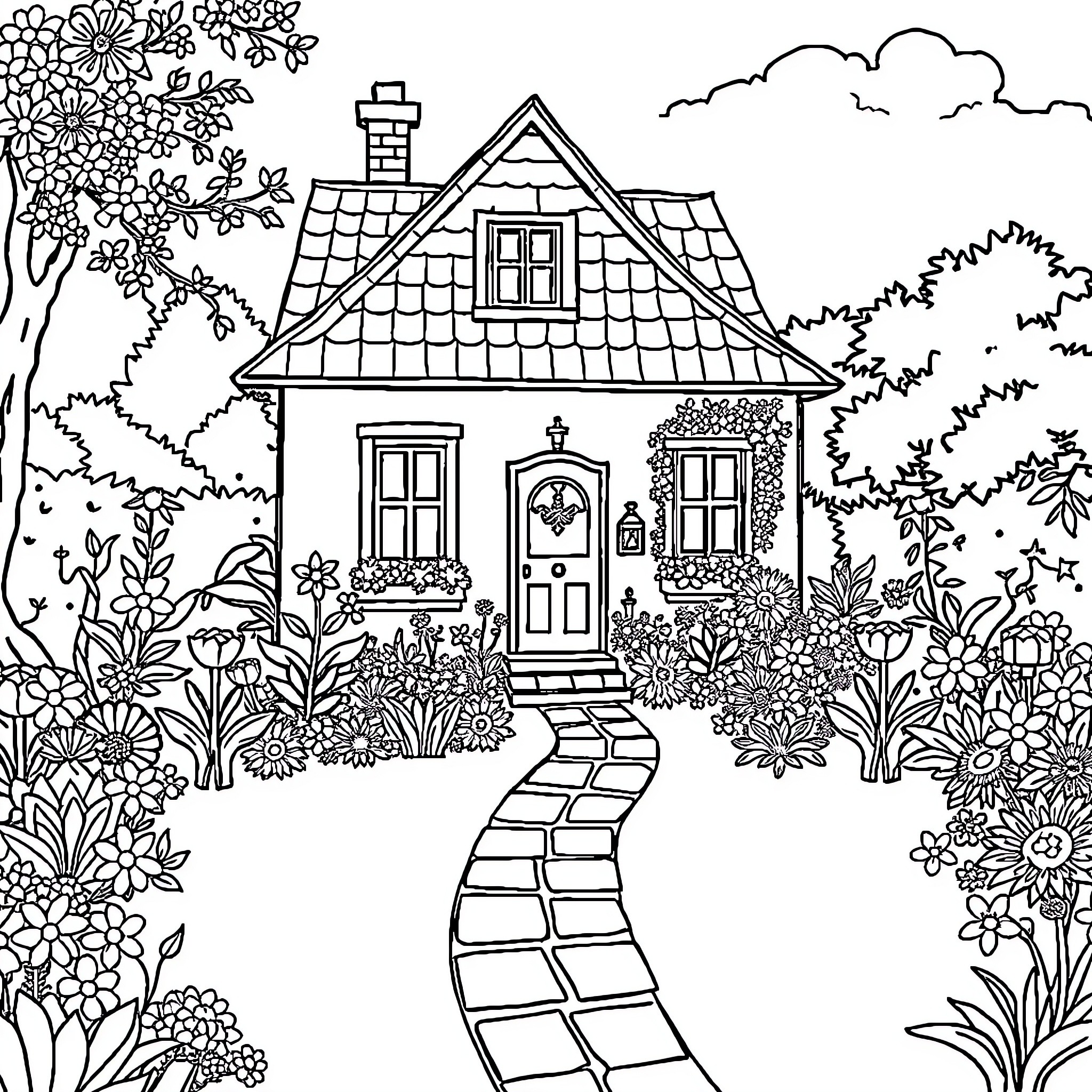 House in a Floral Garden Landscape Coloring Page (free black-and-white line drawing printable PDF for all, from beginners to advanced learners, including children, teens, adults, and seniors)