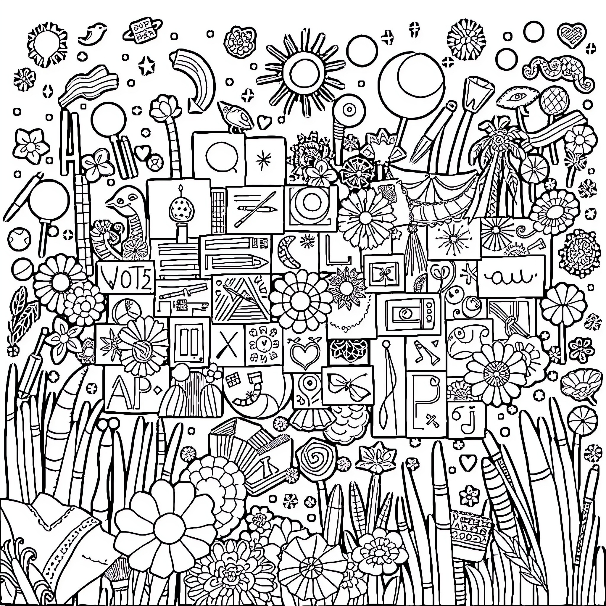 Pinwall of Whimsical Illustrations and Symbols Coloring Page (free black-and-white line drawing printable PDF for all, from beginners to advanced learners, including children, teens, adults, and seniors)