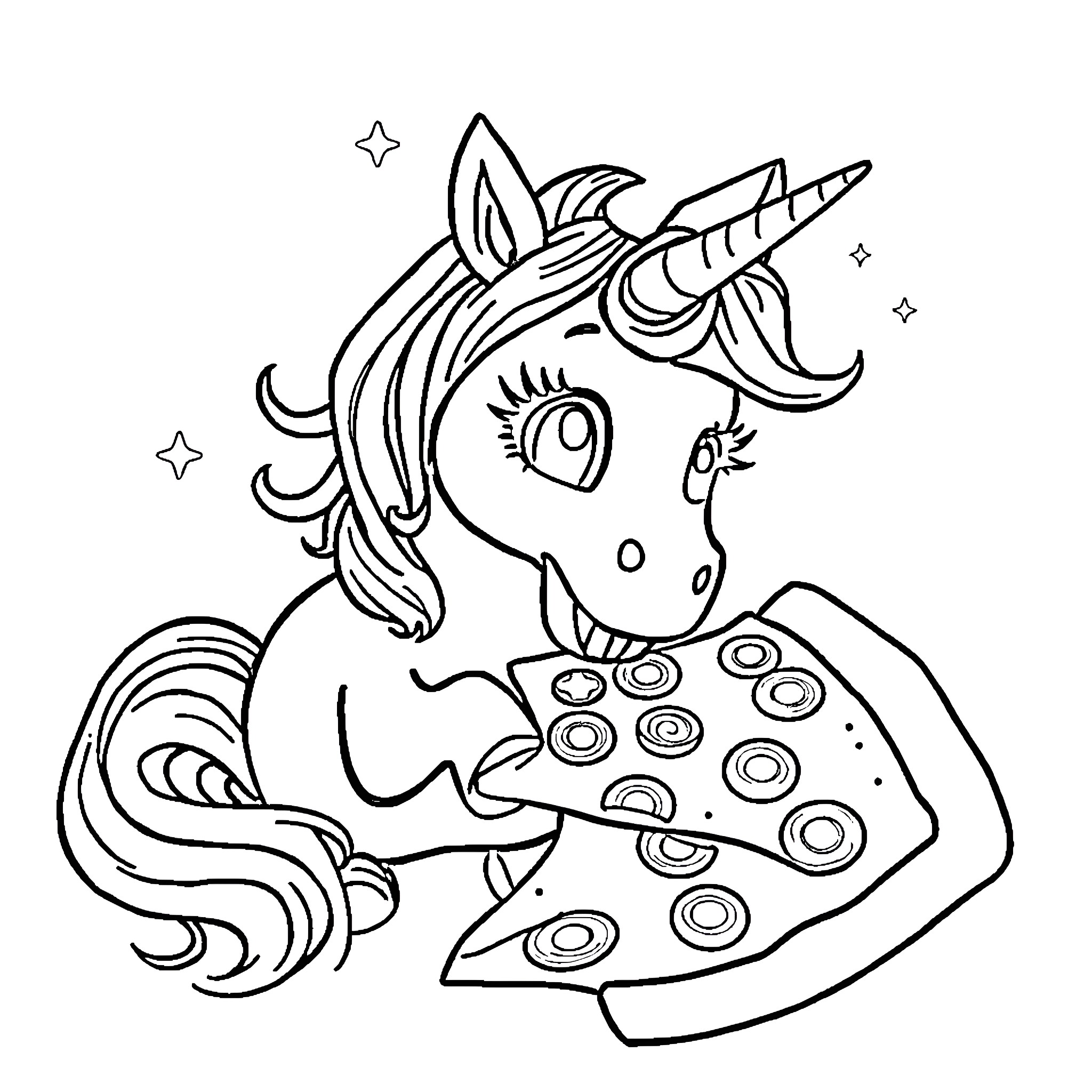 Unicorn enjoying a delightful pizza slice Coloring Page (free black-and-white line drawing printable PDF for all, from beginners to advanced learners, including children, teens, adults, and seniors)
