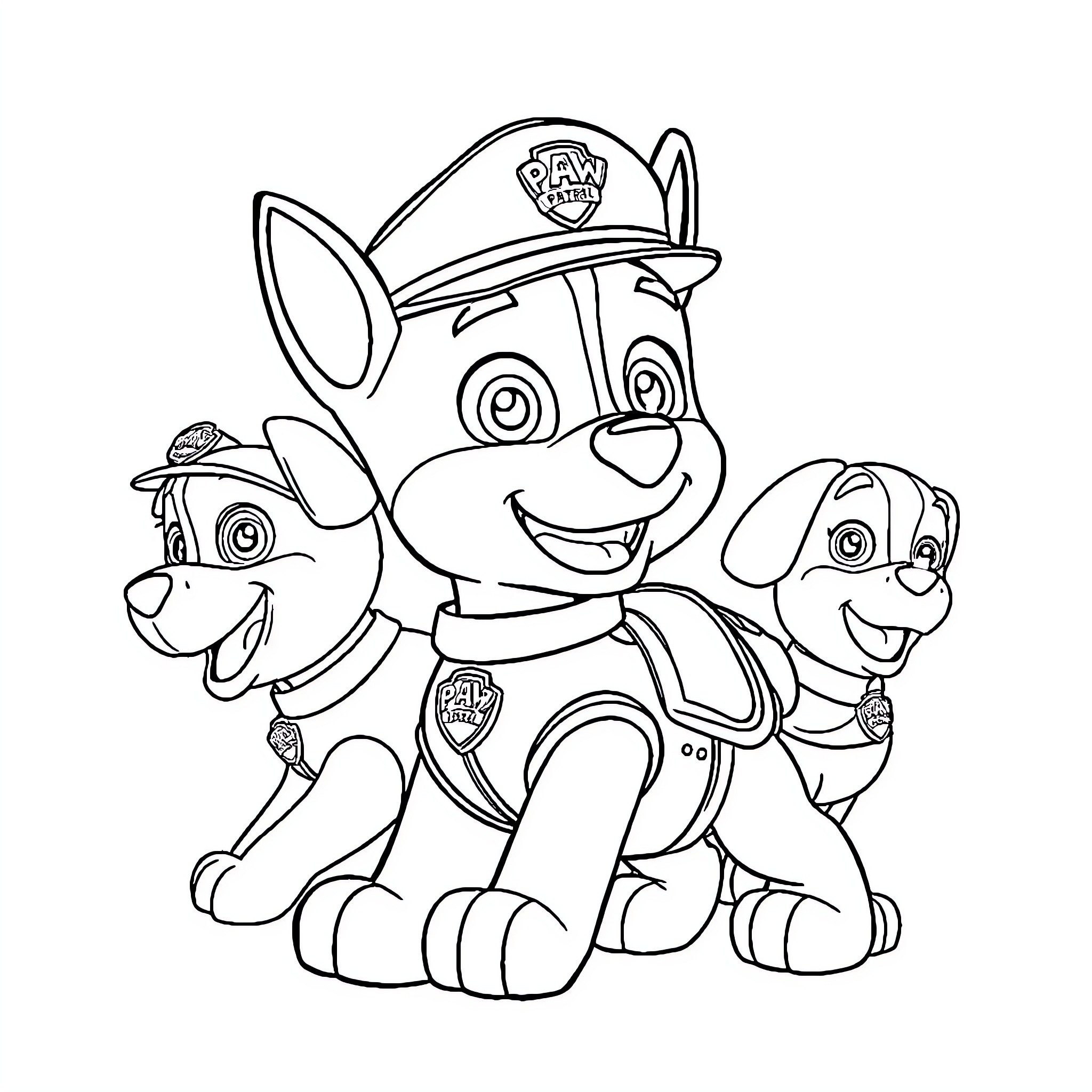Chase with Paw Patrol Friends in Action Coloring Page (free black-and-white line drawing printable PDF for all, from beginners to advanced learners, including children, teens, adults, and seniors)