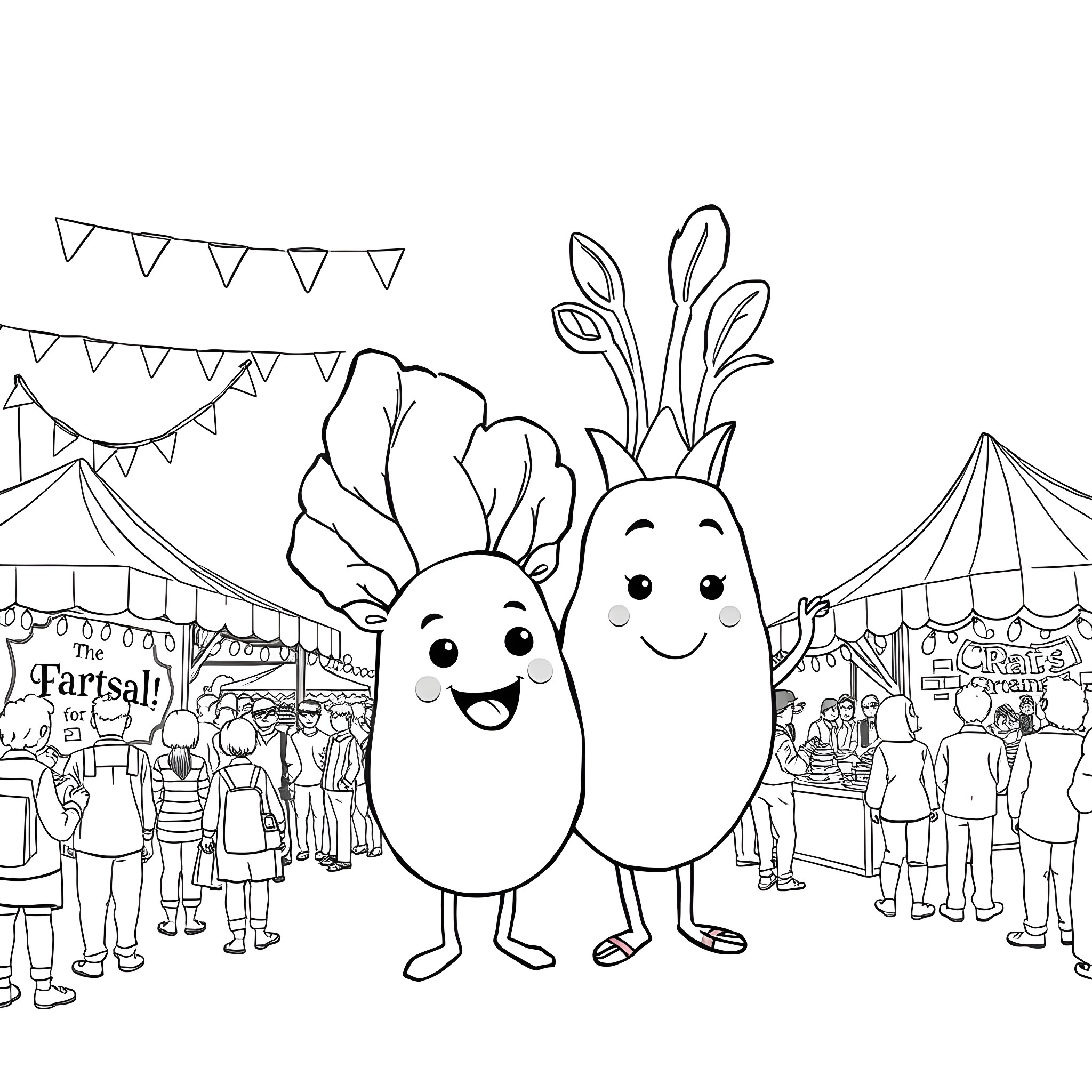 Potato characters at a festive carnival Coloring Page (free black-and-white line drawing printable PDF for all, from beginners to advanced learners, including children, teens, adults, and seniors)