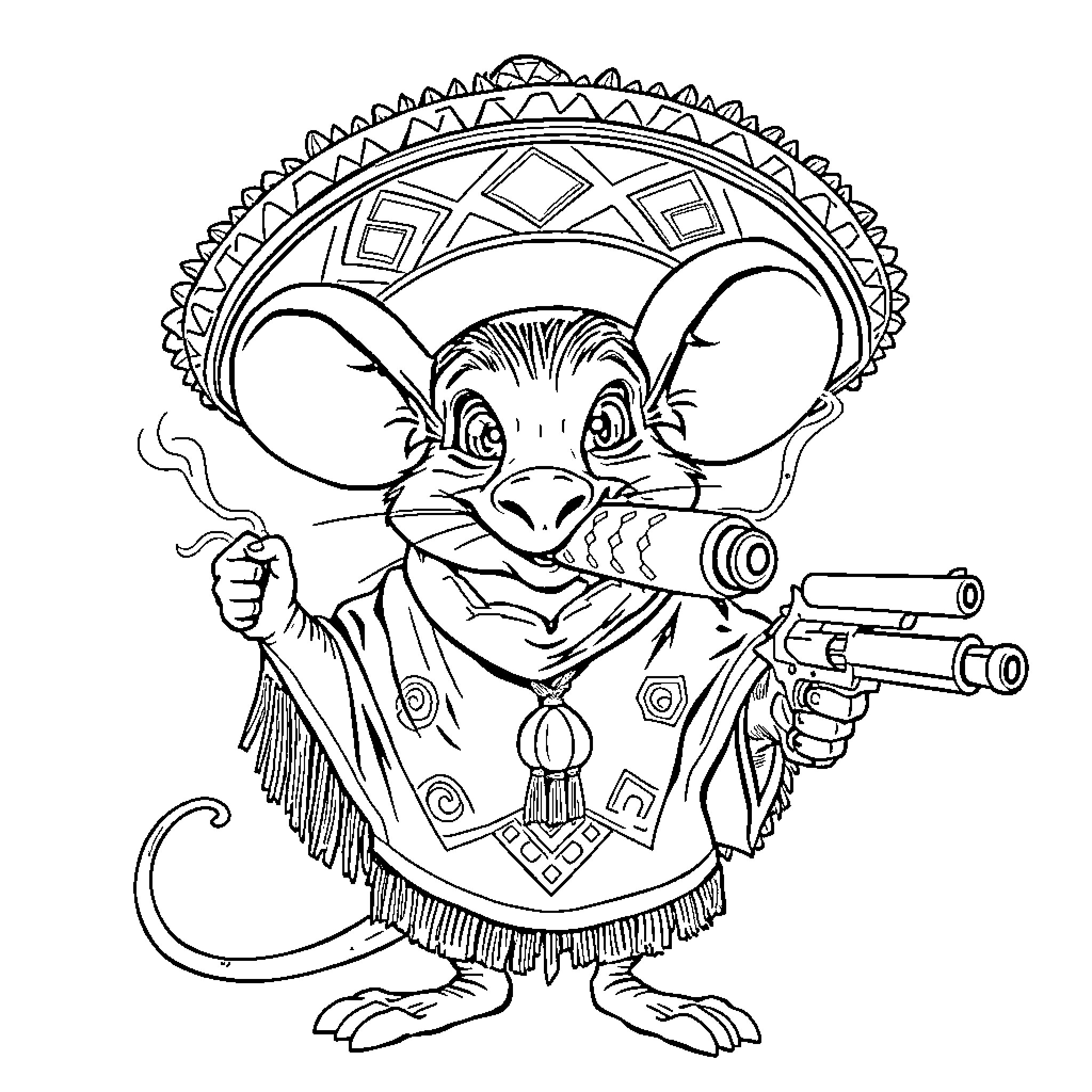 Mouse dressed as Mexican bandit with guns Coloring Page (free black-and-white line drawing printable PDF for all, from beginners to advanced learners, including children, teens, adults, and seniors)