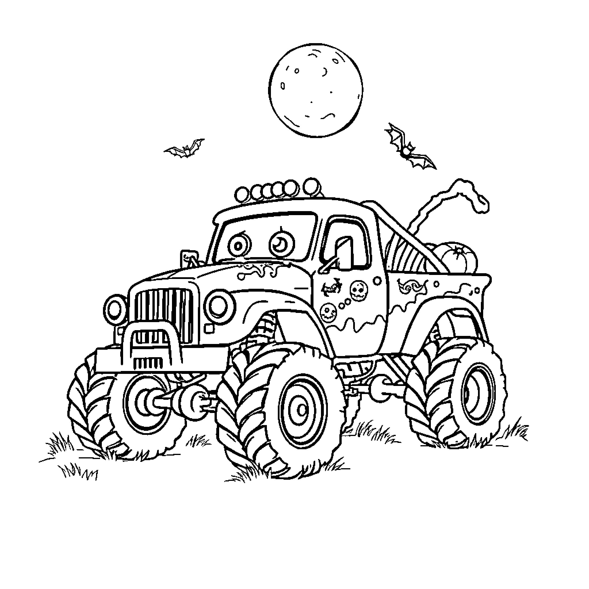 Monster Truck Navigating Through a Spooky Landscape Coloring Page (free black-and-white line drawing printable PDF for all, from beginners to advanced learners, including children, teens, adults, and seniors)