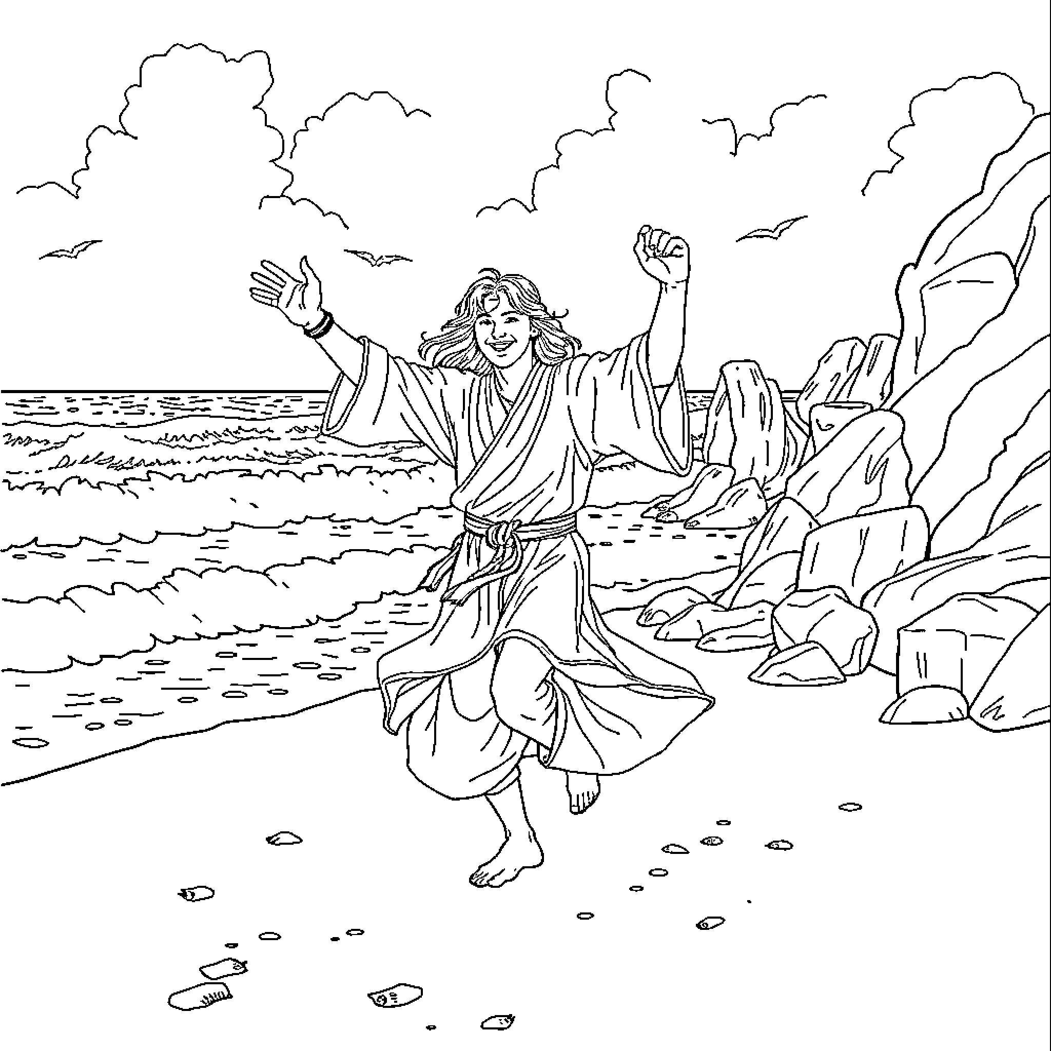 Aragorn rejoicing by the sea Coloring Page (free black-and-white line drawing printable PDF for all, from beginners to advanced learners, including children, teens, adults, and seniors)