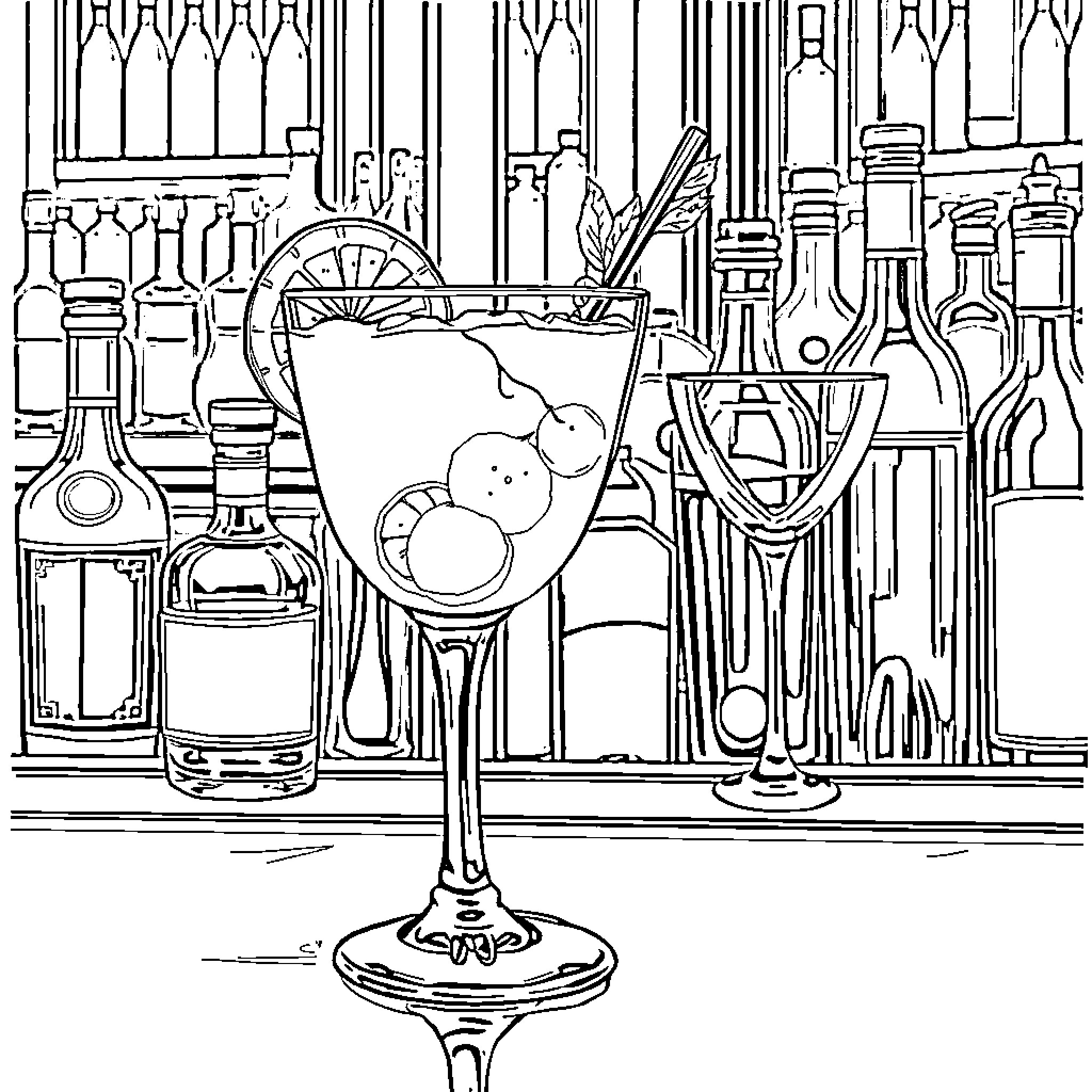 Vaso Filled with Drinks and Glassware Coloring Page (free black-and-white line drawing printable PDF for all, from beginners to advanced learners, including children, teens, adults, and seniors)