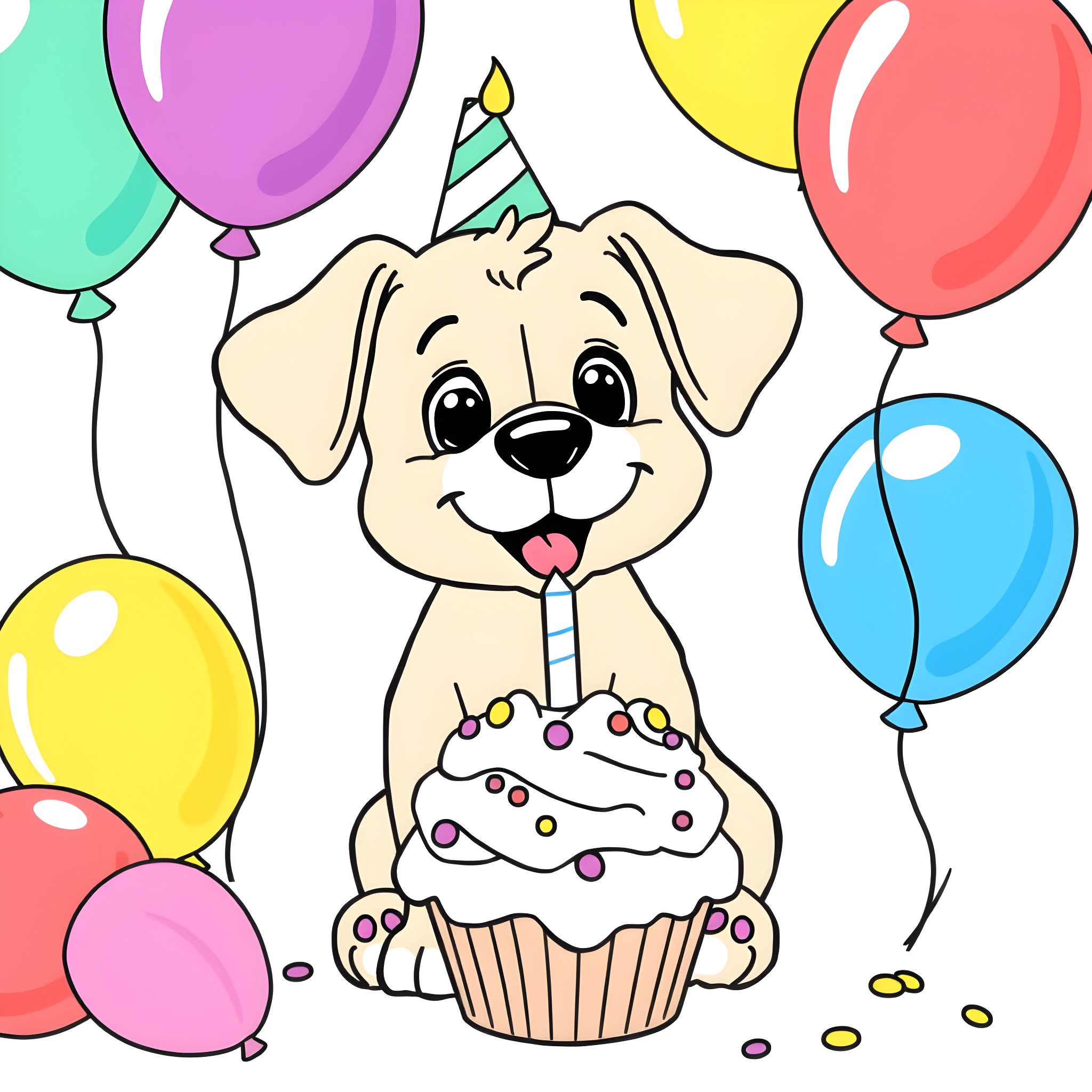 Puppy celebrating birthday with cake and balloons Coloring Page (free black-and-white line drawing printable PDF for all, from beginners to advanced learners, including children, teens, adults, and seniors)
