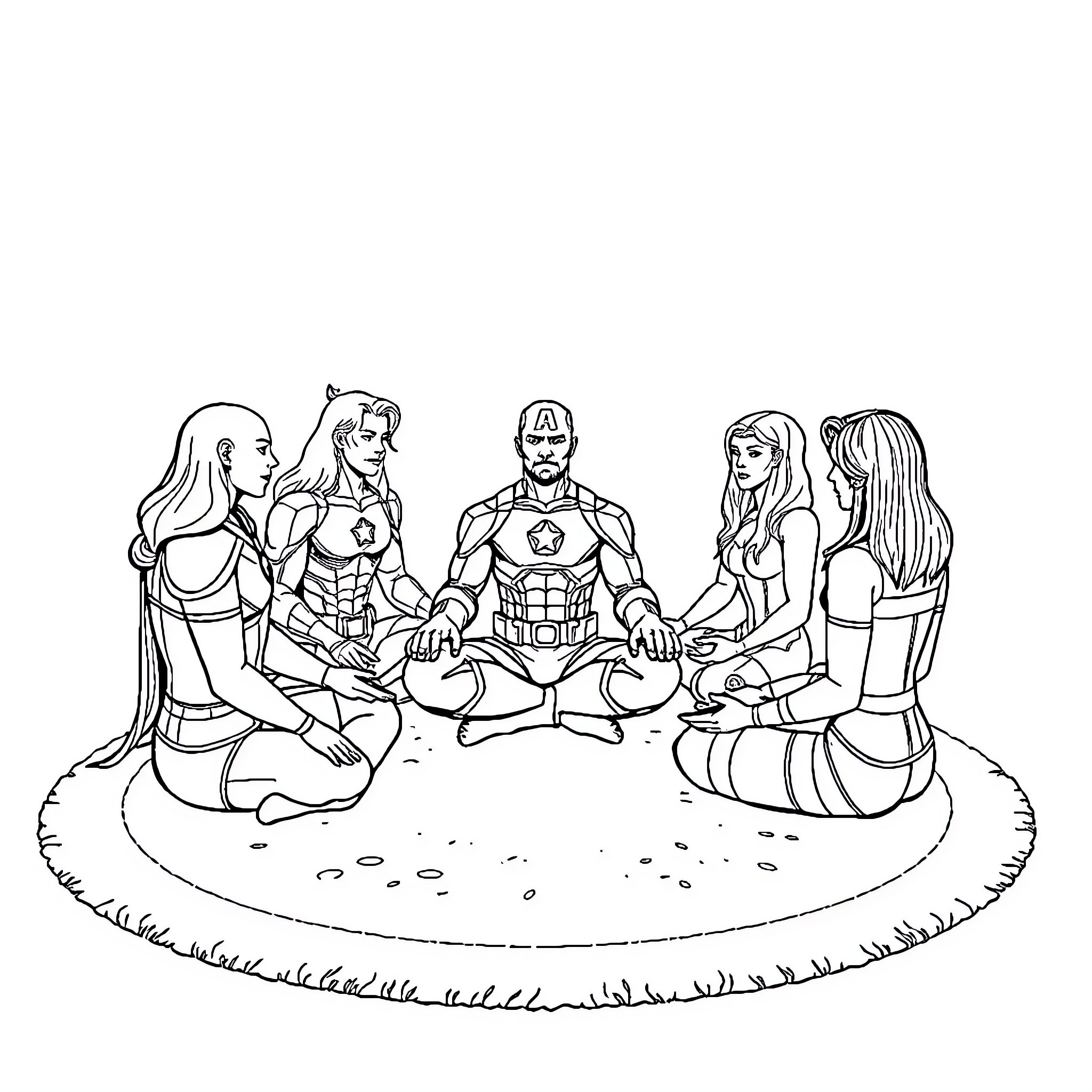 Avengers meditating together in a tranquil setting Coloring Page (free black-and-white line drawing printable PDF for all, from beginners to advanced learners, including children, teens, adults, and seniors)