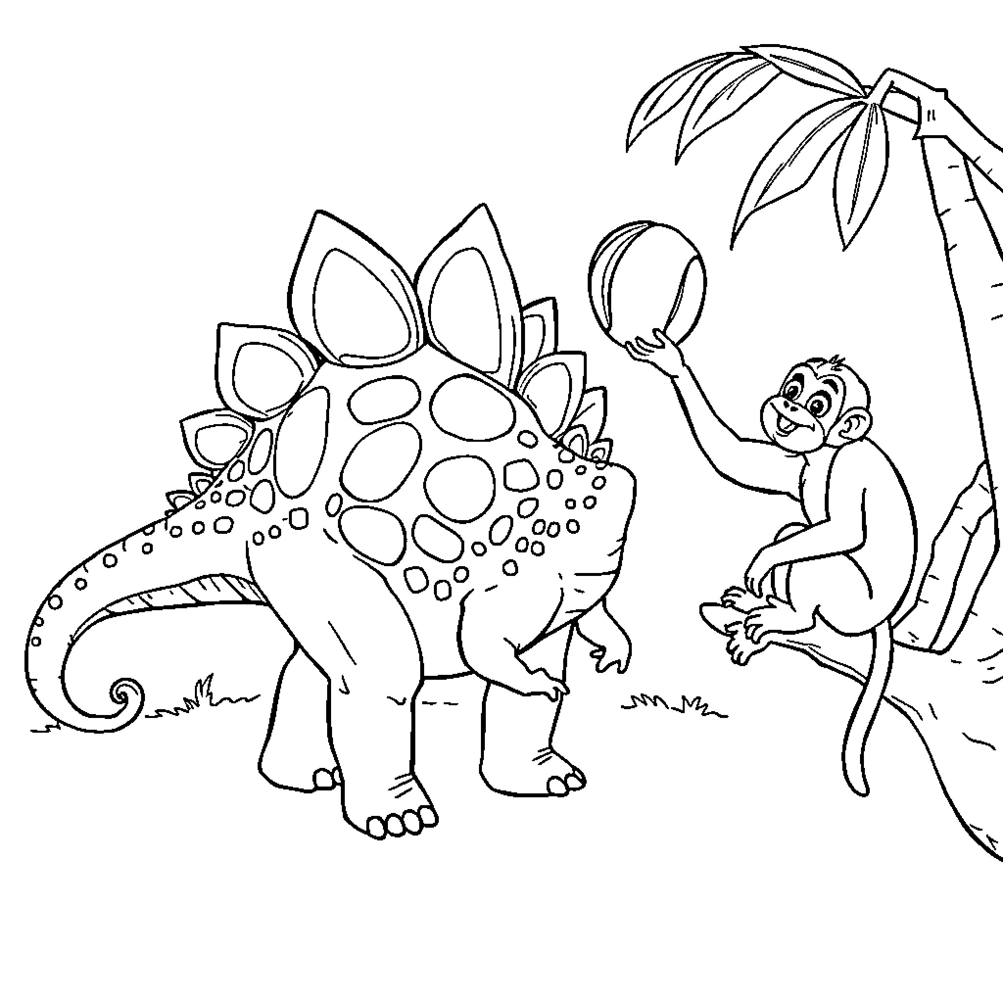 Stegosaurus and Curious Monkey in Prehistoric Scene Coloring Page (free black-and-white line drawing printable PDF for all, from beginners to advanced learners, including children, teens, adults, and seniors)