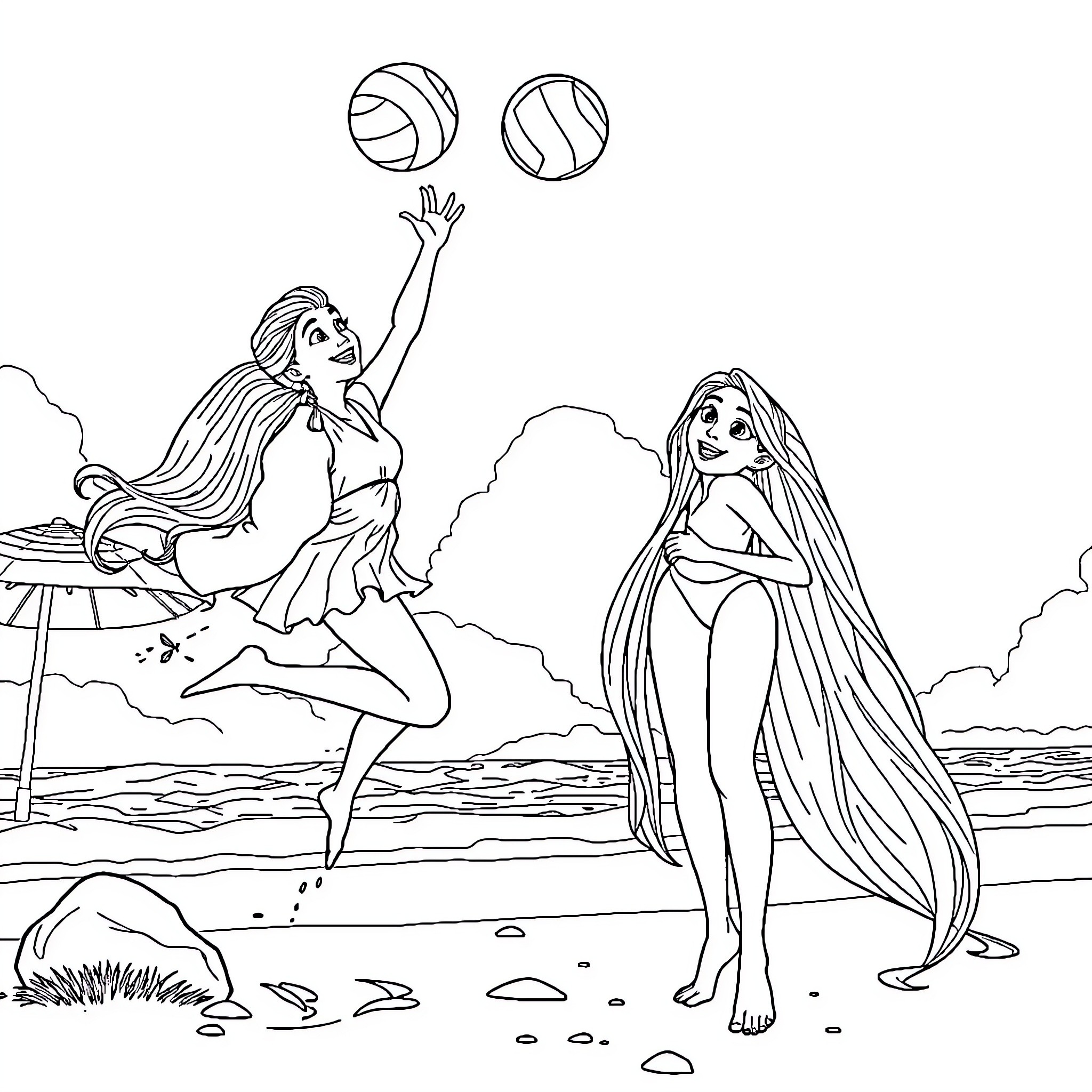 Violet's Lively Beach Adventure Coloring Page (free black-and-white line drawing printable PDF for all, from beginners to advanced learners, including children, teens, adults, and seniors)