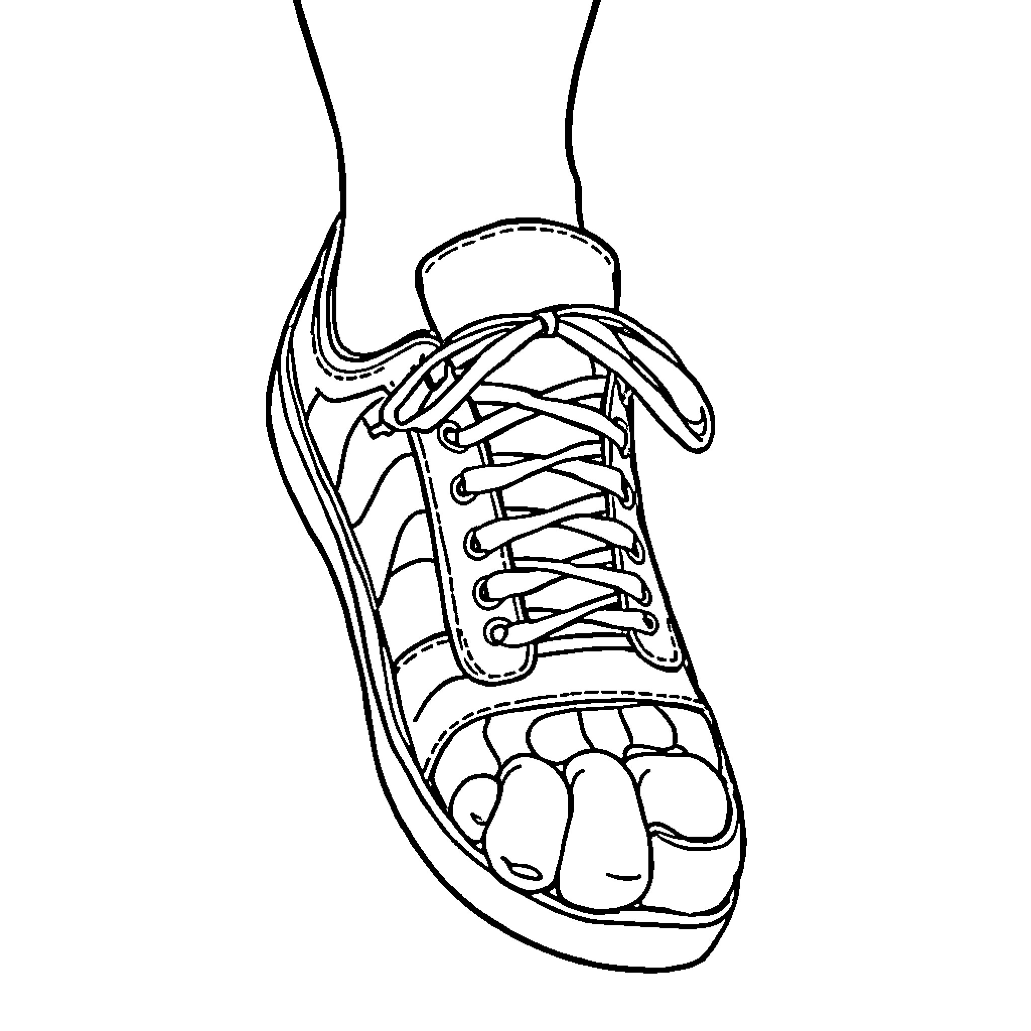 Foot wearing laced sneaker Coloring Page (free black-and-white line drawing printable PDF for all, from beginners to advanced learners, including children, teens, adults, and seniors)