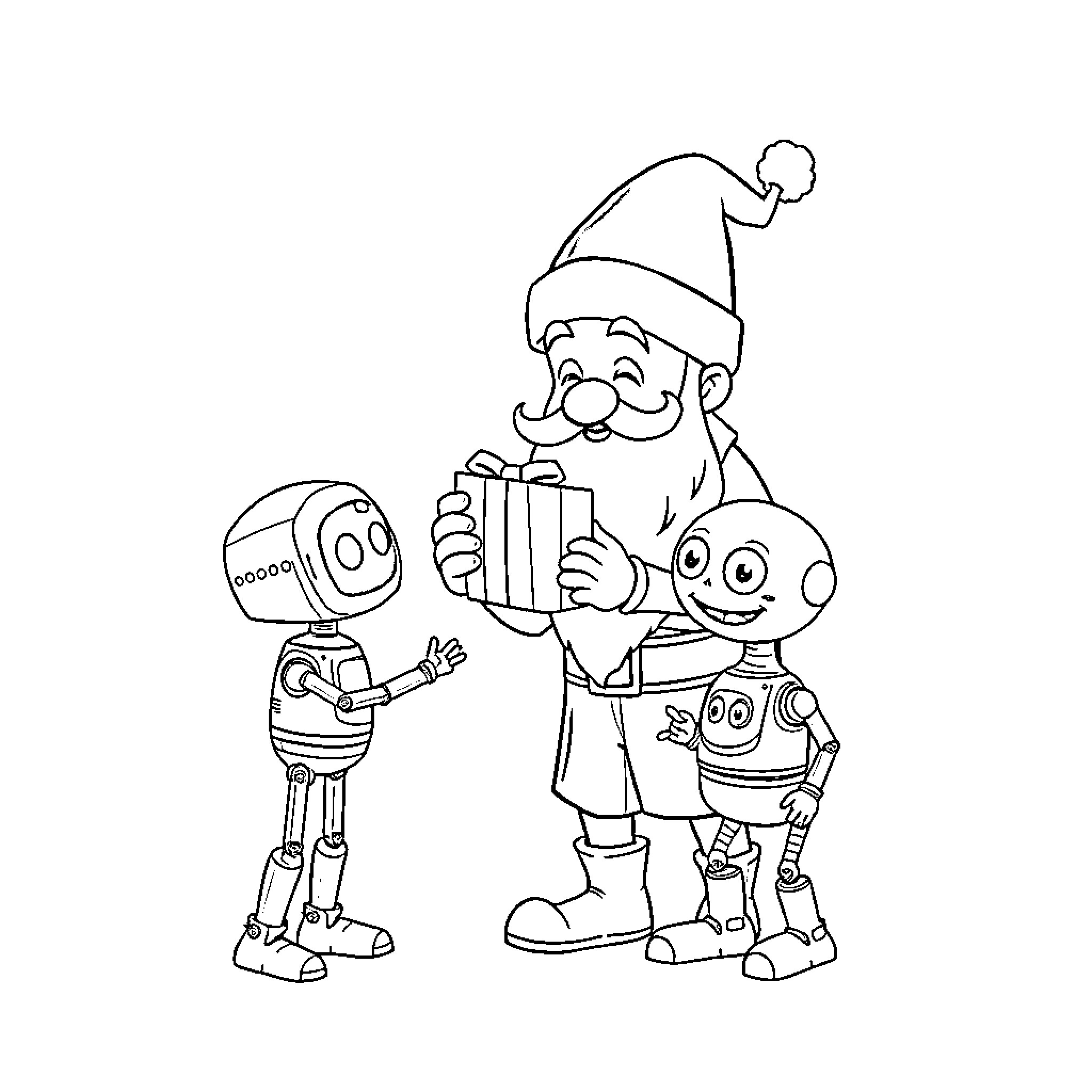 Saint Nicolas and Robotic Companions Celebrating Coloring Page (free black-and-white line drawing printable PDF for all, from beginners to advanced learners, including children, teens, adults, and seniors)