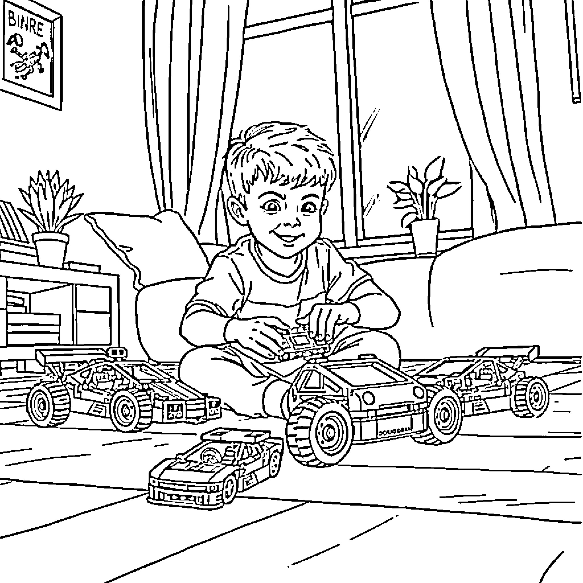 Boy playing with toy trucks in his room Coloring Page (free black-and-white line drawing printable PDF for all, from beginners to advanced learners, including children, teens, adults, and seniors)