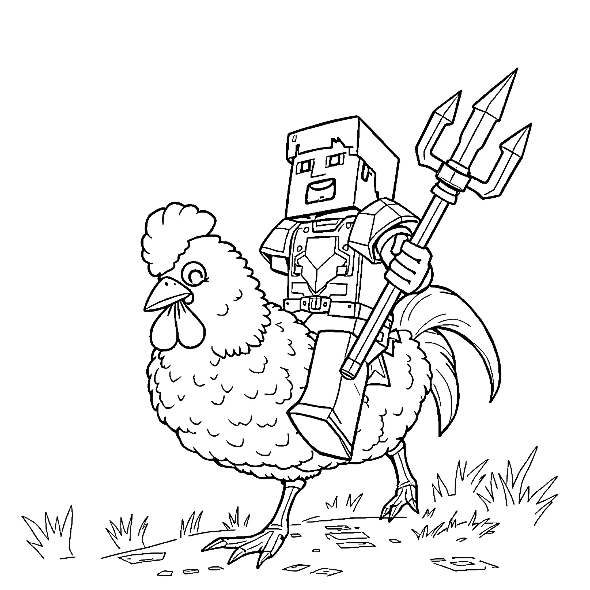 Steve the Rooster Warrior Defends the Farm Coloring Page (free black-and-white line drawing printable PDF for all, from beginners to advanced learners, including children, teens, adults, and seniors)